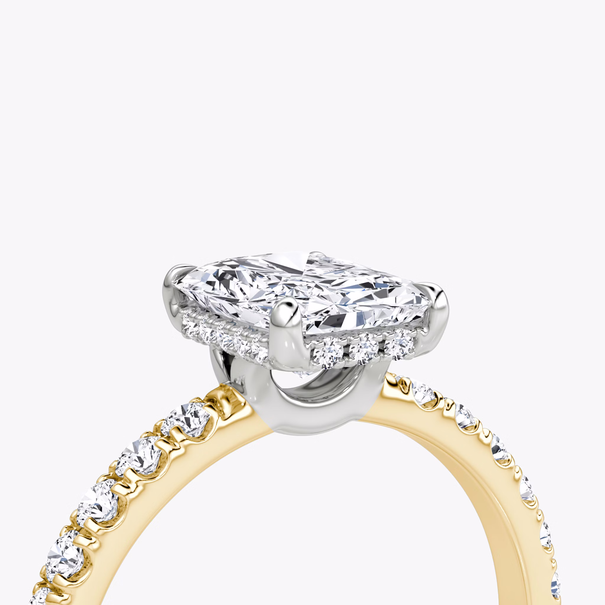 The Signature | Radiant | 18k | Yellow Gold and Platinum | bandAccent: Pavé | bandWidth: large | hiddenHalo: yes | diamondOrientation: vertical | caratWeight: other