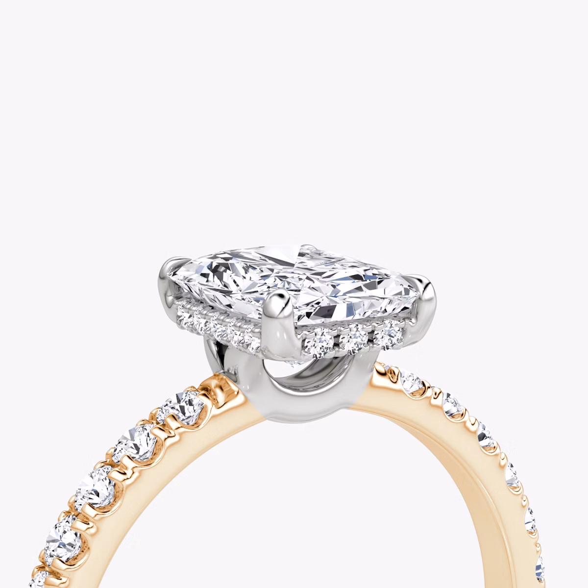 The Signature | Radiant | 14k | Rose Gold and Platinum | bandAccent: Pavé | bandWidth: large | hiddenHalo: yes | diamondOrientation: vertical | caratWeight: other
