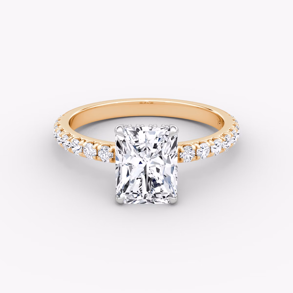 The Signature | Radiant | 14k | Rose Gold and Platinum | bandAccent: Pavé | bandWidth: large | hiddenHalo: yes | diamondOrientation: vertical | caratWeight: other