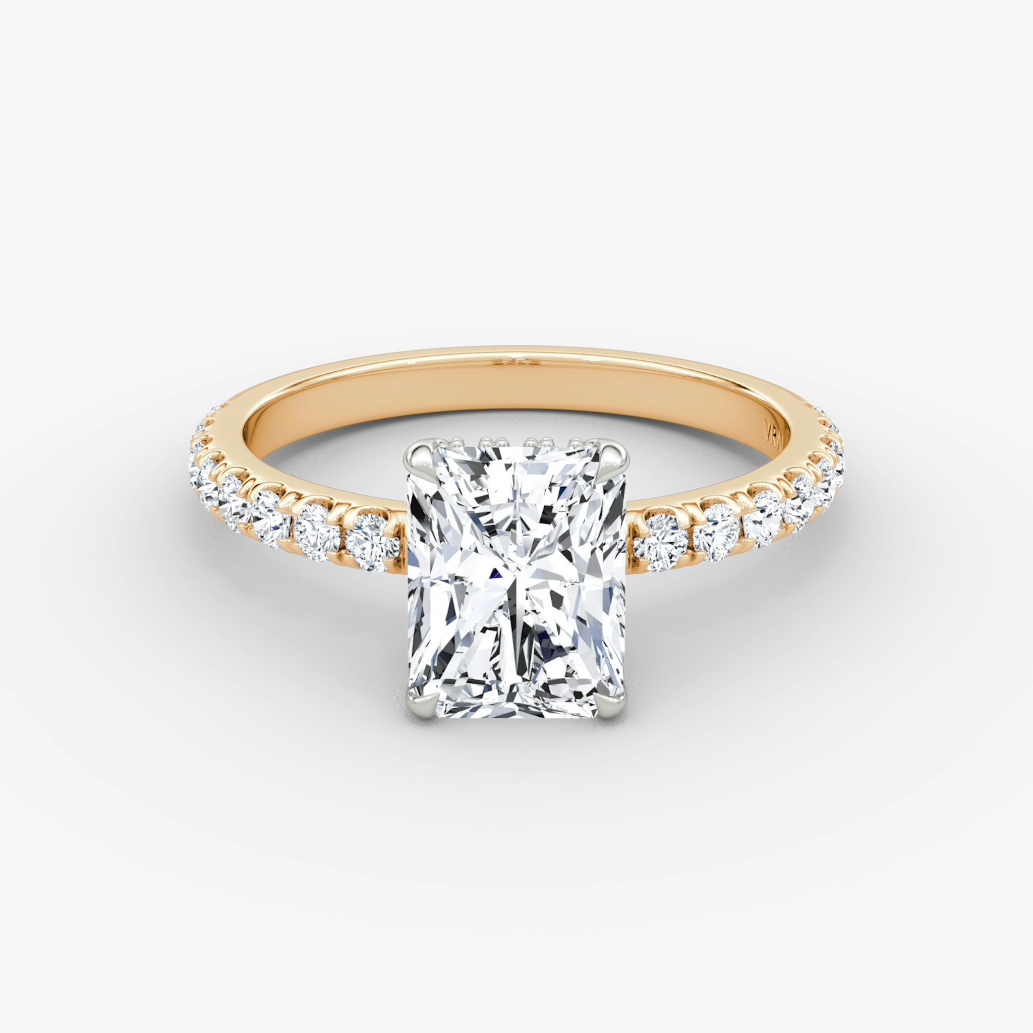 The Signature | Radiant | 14k | Rose Gold and Platinum | bandAccent: Pavé | bandWidth: large | hiddenHalo: yes | diamondOrientation: vertical | caratWeight: other