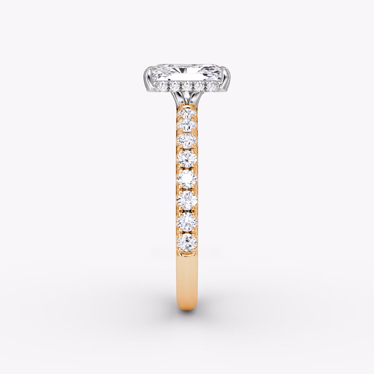 The Signature | Radiant | 14k | Rose Gold and Platinum | bandAccent: Pavé | bandWidth: large | hiddenHalo: yes | diamondOrientation: vertical | caratWeight: other
