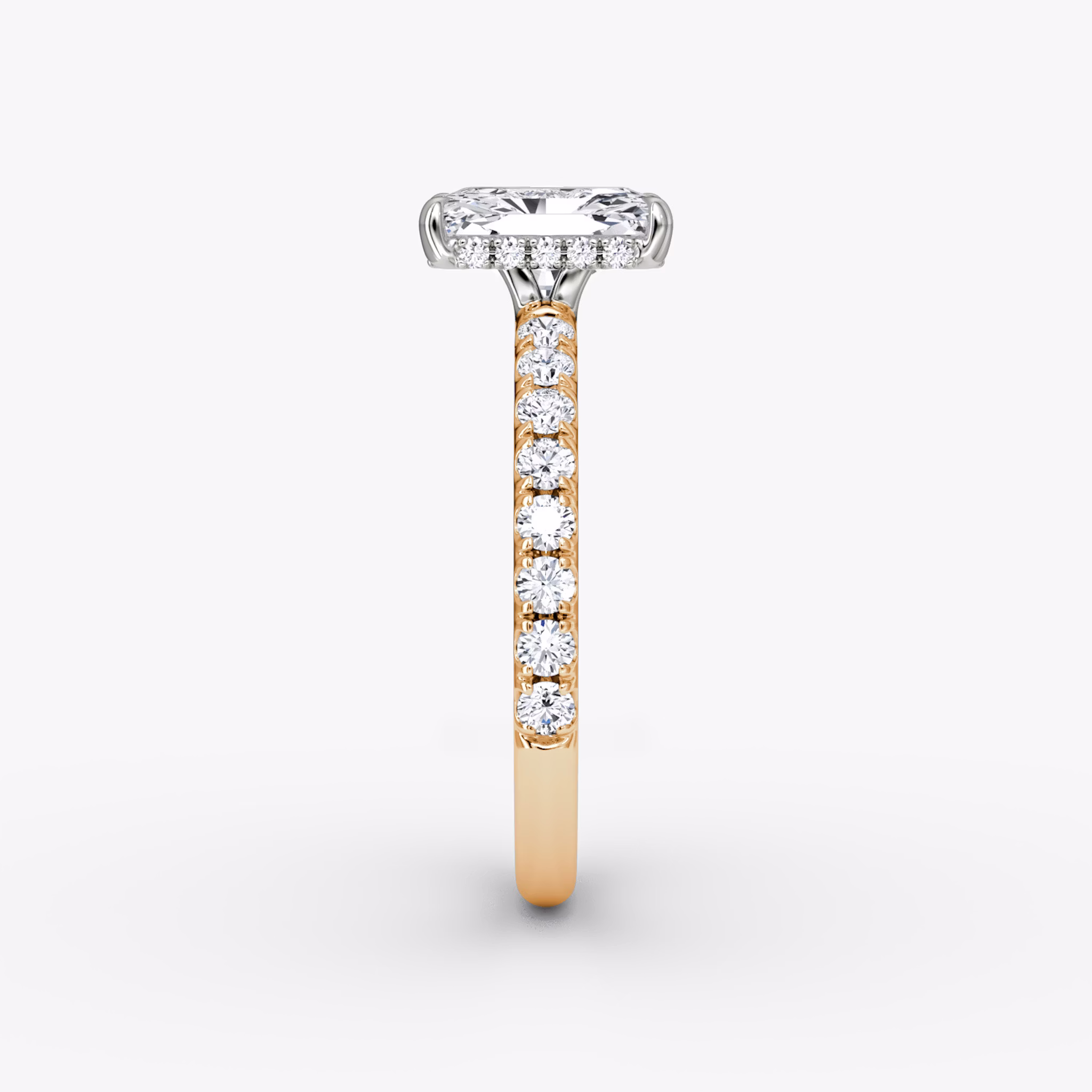 The Signature | Radiant | 14k | Rose Gold and Platinum | bandAccent: Pavé | bandWidth: large | hiddenHalo: yes | diamondOrientation: vertical | caratWeight: other