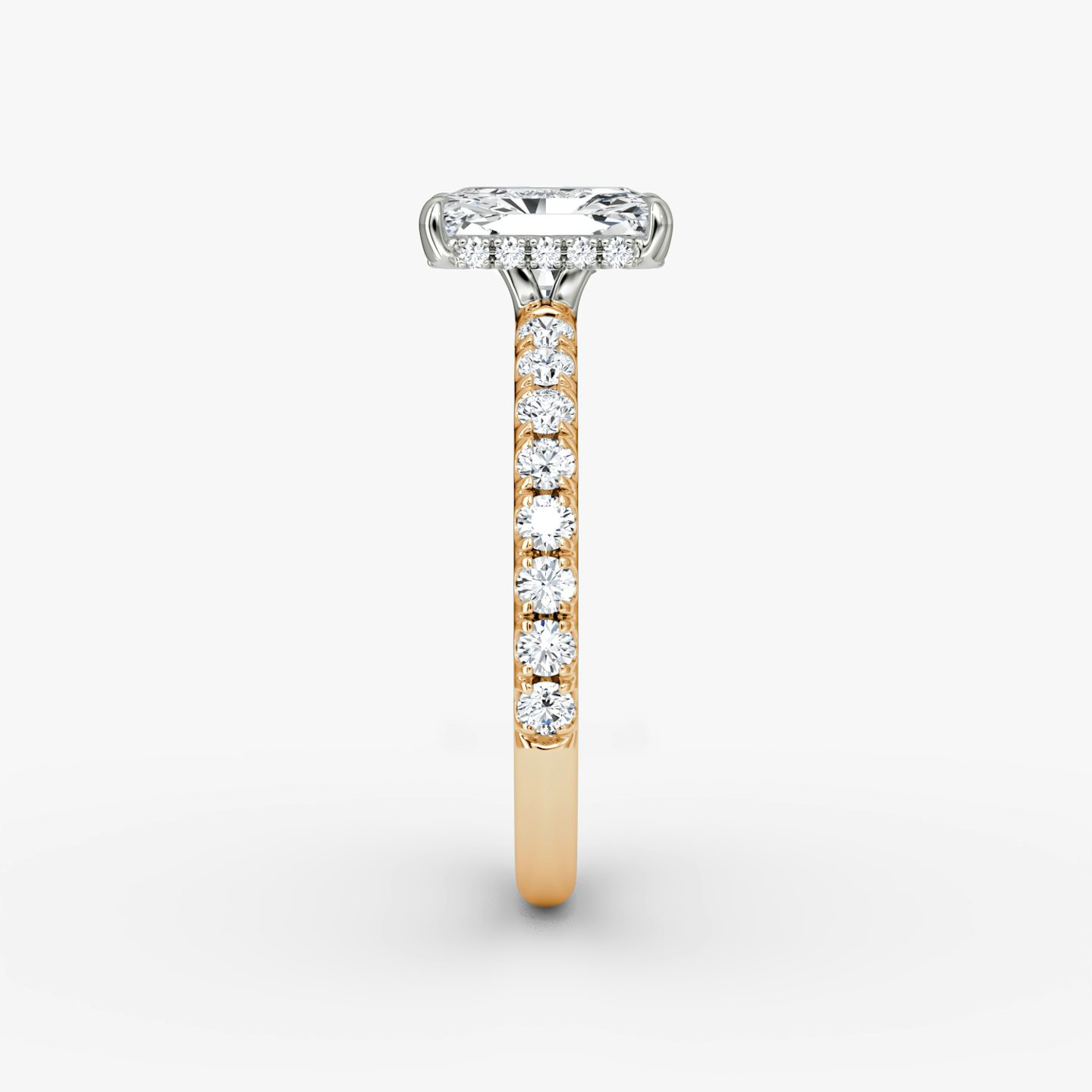 The Signature | Radiant | 14k | Rose Gold and Platinum | bandAccent: Pavé | bandWidth: large | hiddenHalo: yes | diamondOrientation: vertical | caratWeight: other