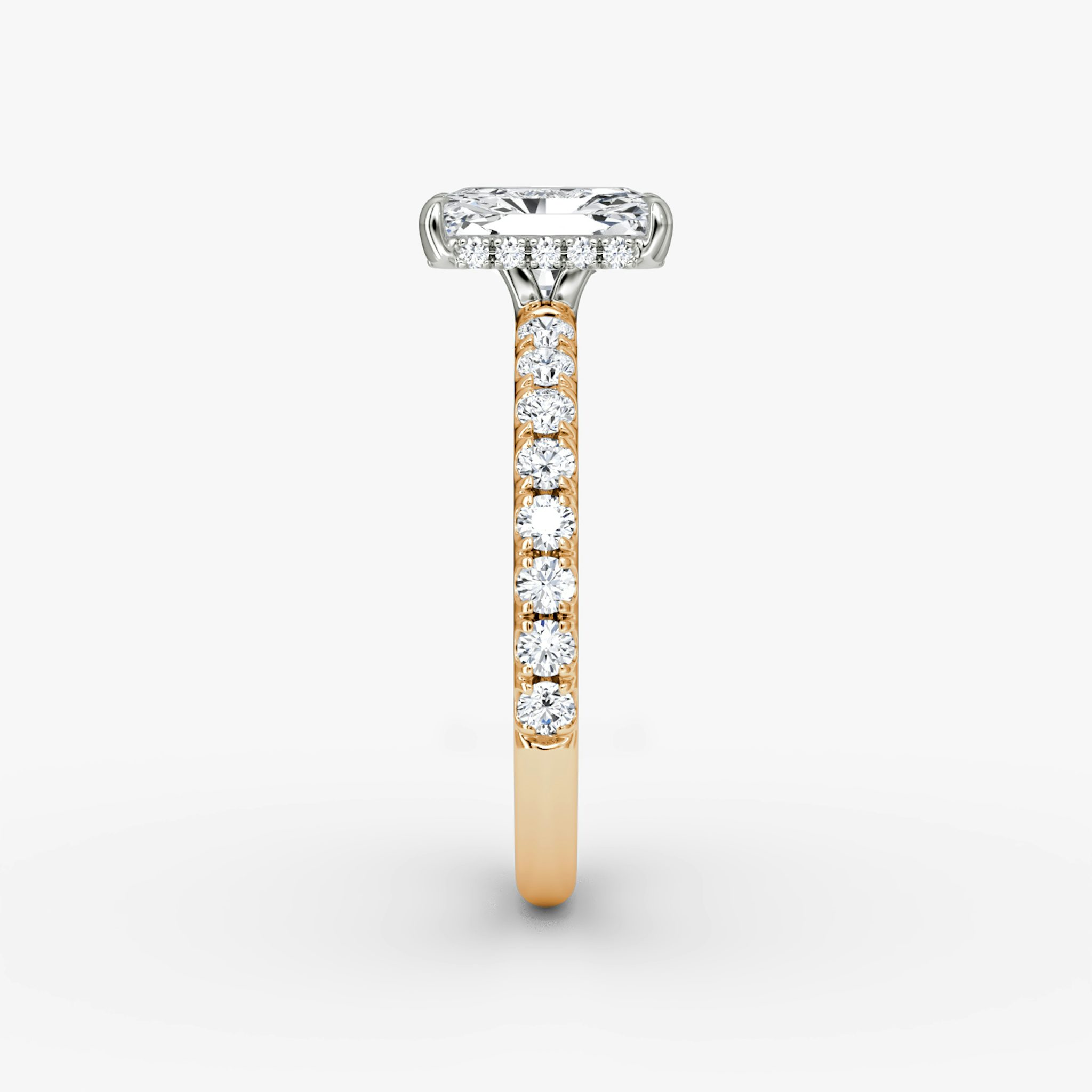 The Signature | Radiant | 14k | Rose Gold and Platinum | bandAccent: Pavé | bandWidth: large | hiddenHalo: yes | diamondOrientation: vertical | caratWeight: other
