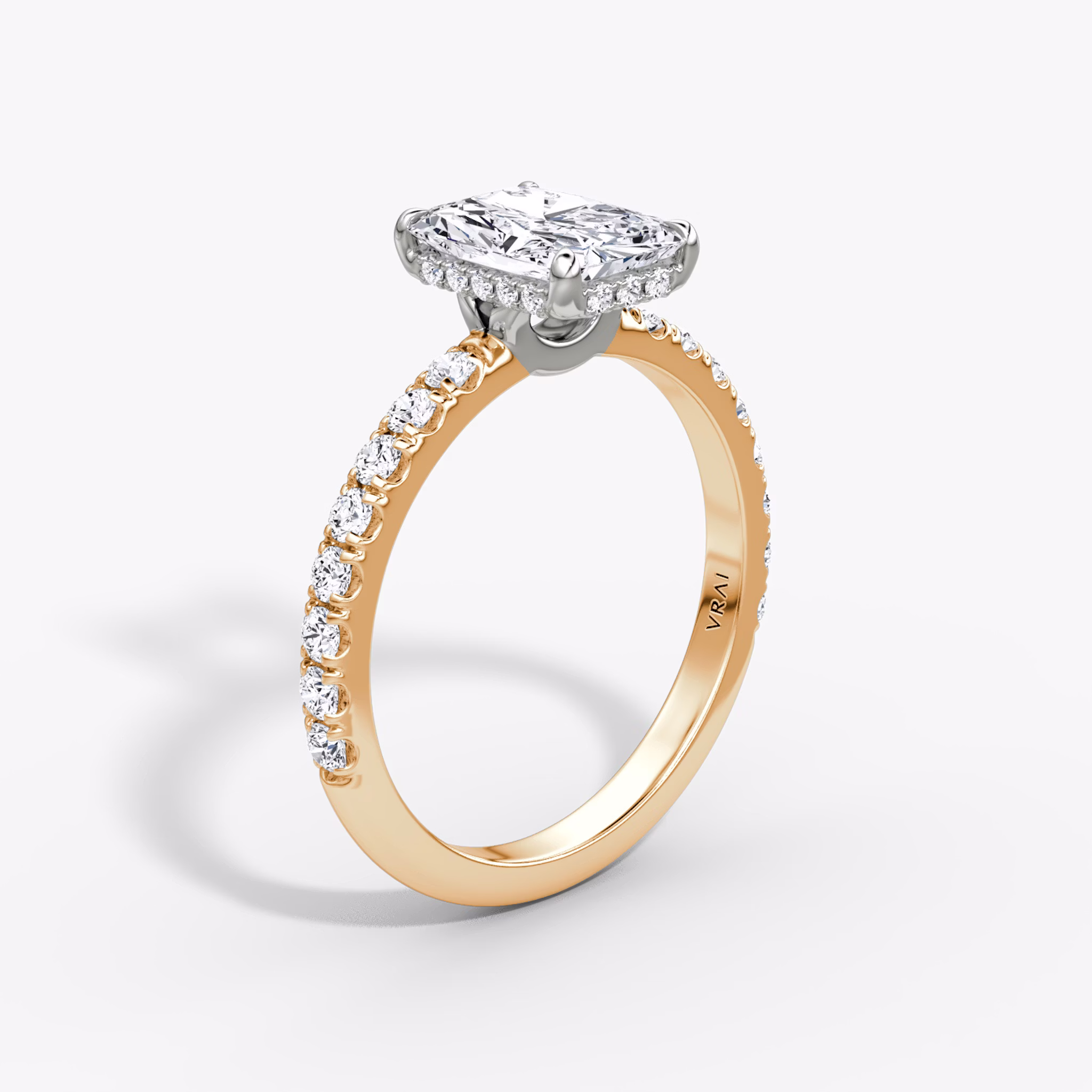 The Signature | Radiant | 14k | Rose Gold and Platinum | bandAccent: Pavé | bandWidth: large | hiddenHalo: yes | diamondOrientation: vertical | caratWeight: other