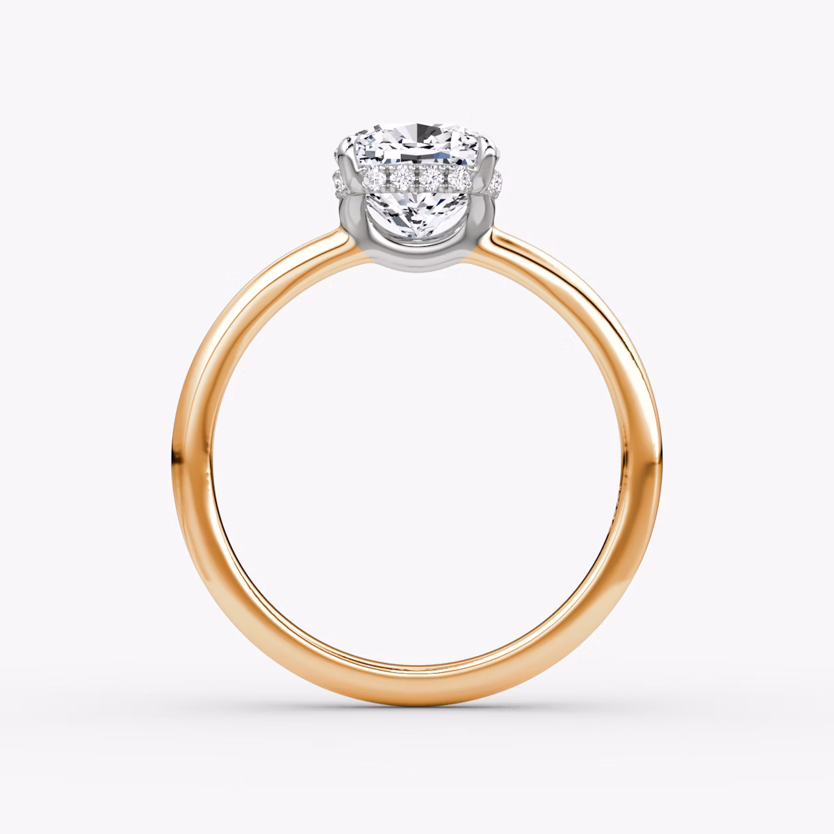 The Signature | Cushion | 14k | Rose Gold and Platinum | bandAccent: Plain | bandWidth: large | hiddenHalo: yes | diamondOrientation: vertical | caratWeight: other