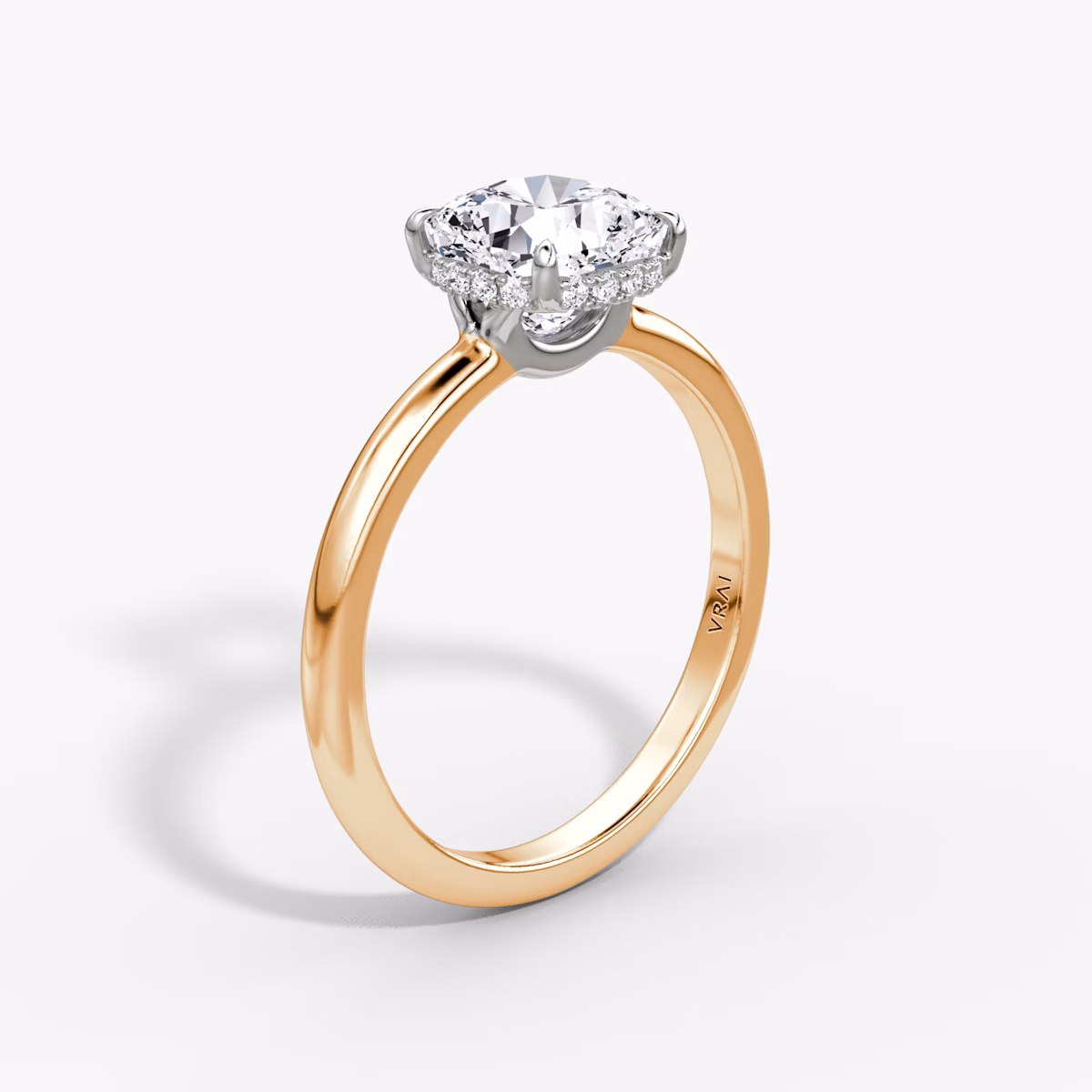 The Signature | Cushion | 14k | Rose Gold and Platinum | bandAccent: Plain | bandWidth: large | hiddenHalo: yes | diamondOrientation: vertical | caratWeight: other