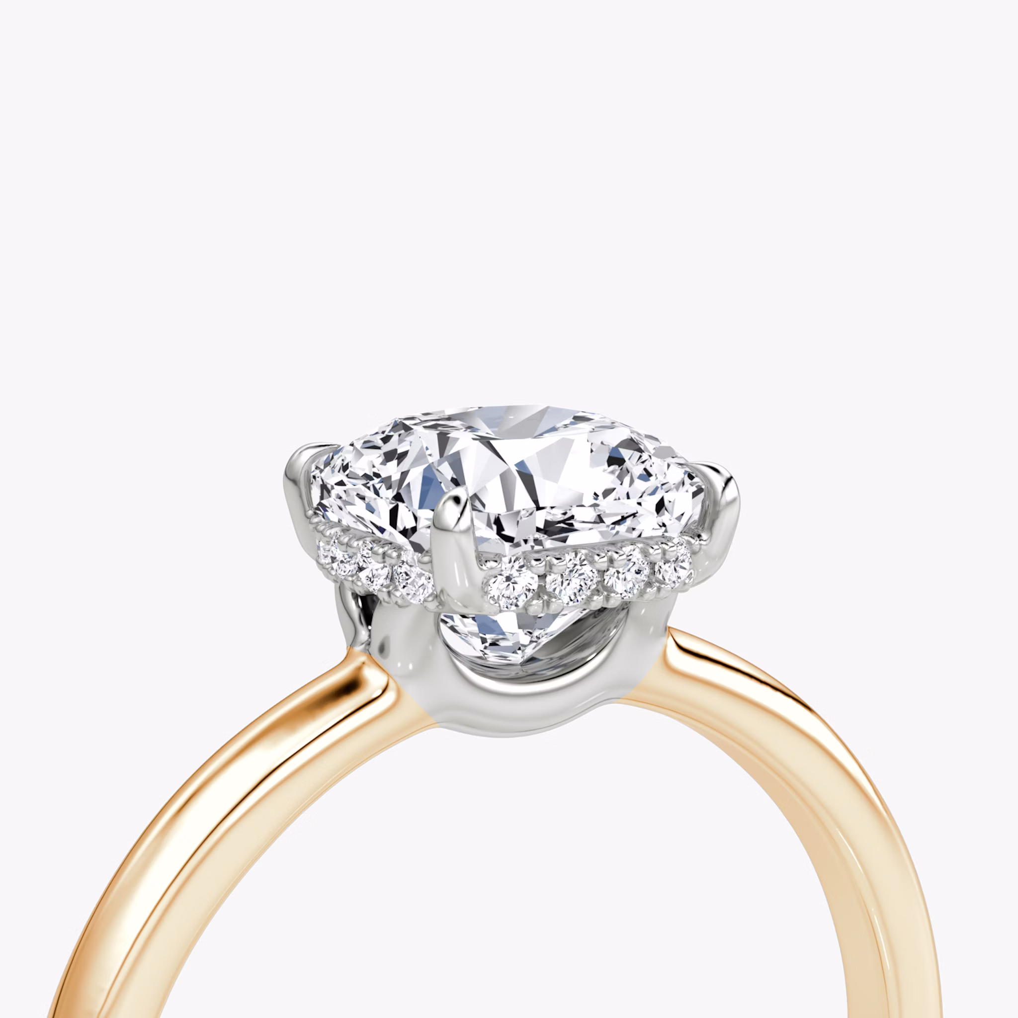 The Signature | Cushion | 14k | Rose Gold and Platinum | bandAccent: Plain | bandWidth: large | hiddenHalo: yes | diamondOrientation: vertical | caratWeight: other