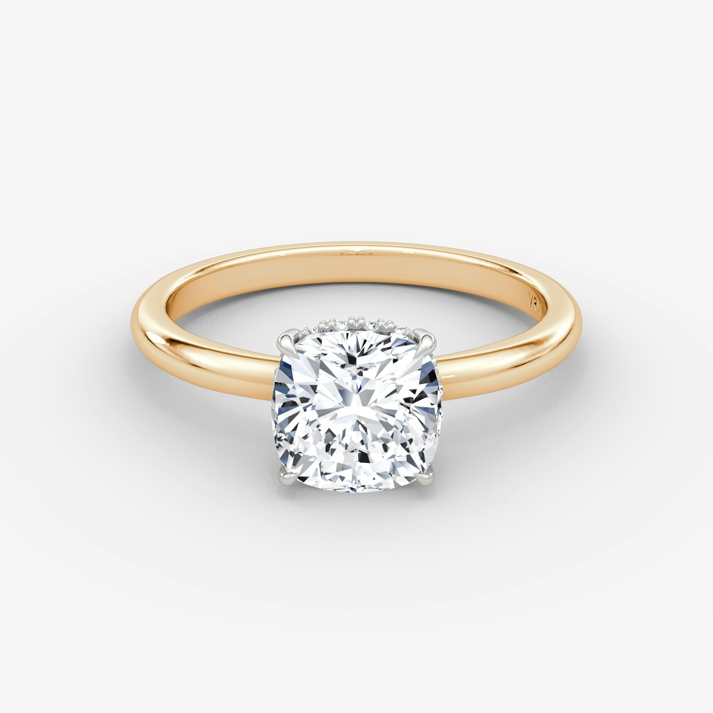 The Signature | Cushion | 14k | Rose Gold and Platinum | bandAccent: Plain | bandWidth: large | hiddenHalo: yes | diamondOrientation: vertical | caratWeight: other