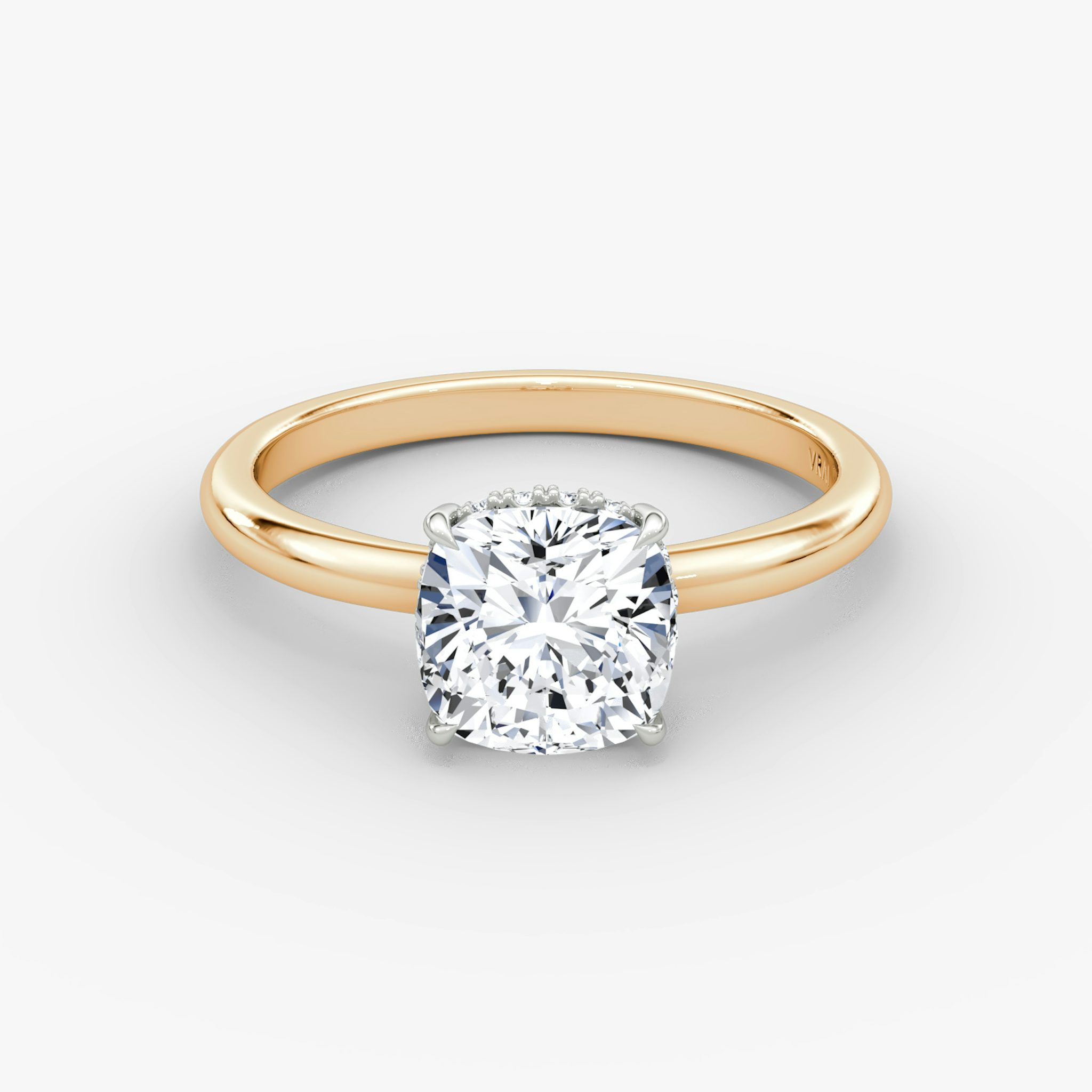 The Signature | Cushion | 14k | Rose Gold and Platinum | bandAccent: Plain | bandWidth: large | hiddenHalo: yes | diamondOrientation: vertical | caratWeight: other