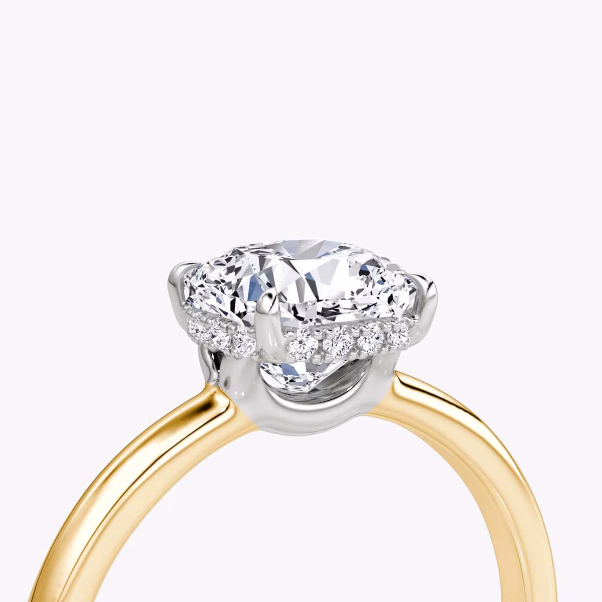 The Signature | Cushion | 18k | Yellow Gold and Platinum | bandAccent: Plain | bandWidth: large | hiddenHalo: yes | diamondOrientation: vertical | caratWeight: other
