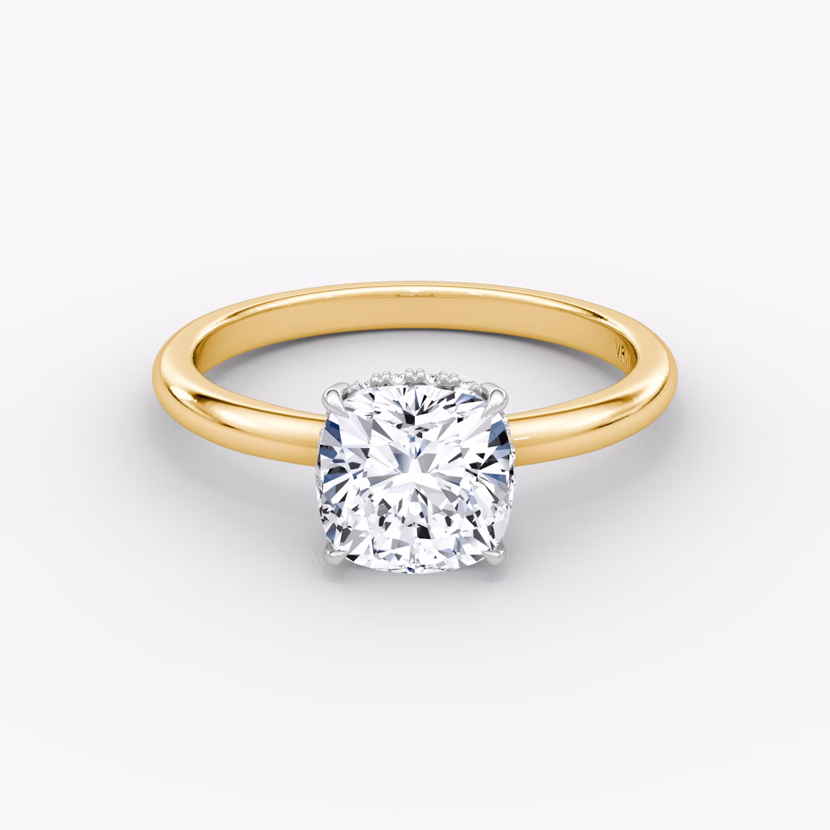 The Signature | Cushion | 18k | Yellow Gold and Platinum | bandAccent: Plain | bandWidth: large | hiddenHalo: yes | diamondOrientation: vertical | caratWeight: other