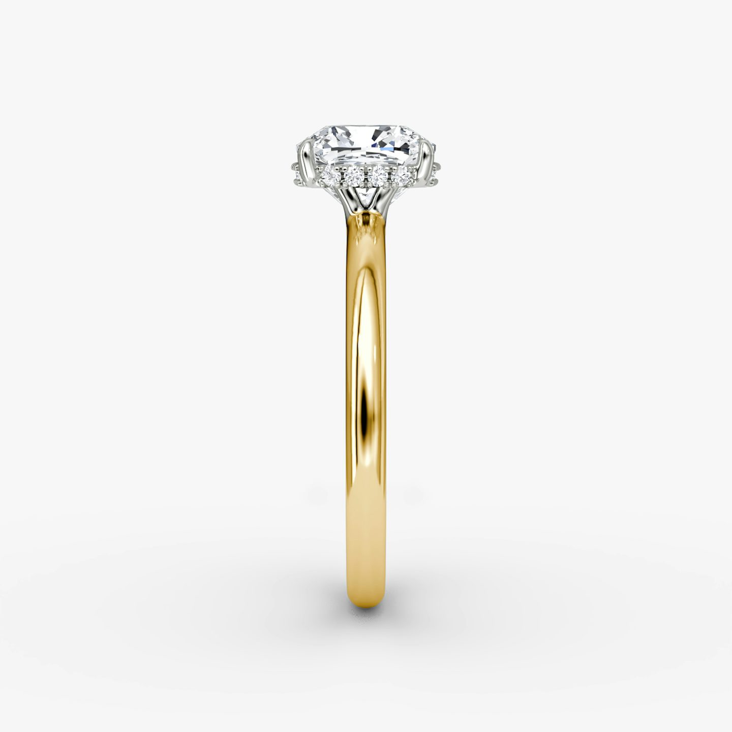 The Signature | Cushion | 18k | Yellow Gold and Platinum | bandAccent: Plain | bandWidth: large | hiddenHalo: yes | diamondOrientation: vertical | caratWeight: other