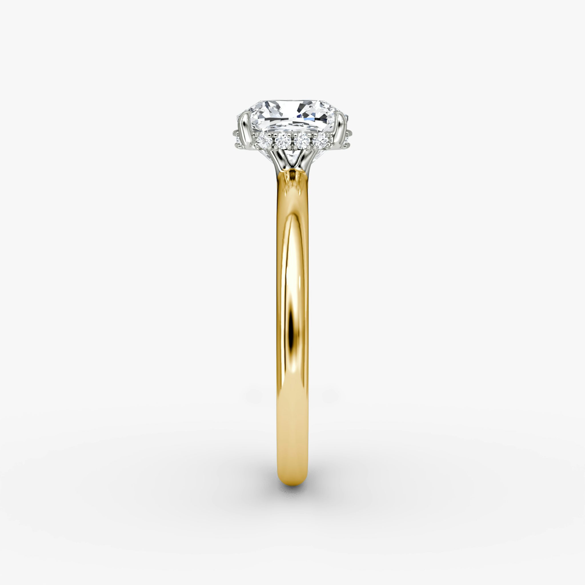 The Signature | Cushion | 18k | Yellow Gold and Platinum | bandAccent: Plain | bandWidth: large | hiddenHalo: yes | diamondOrientation: vertical | caratWeight: other