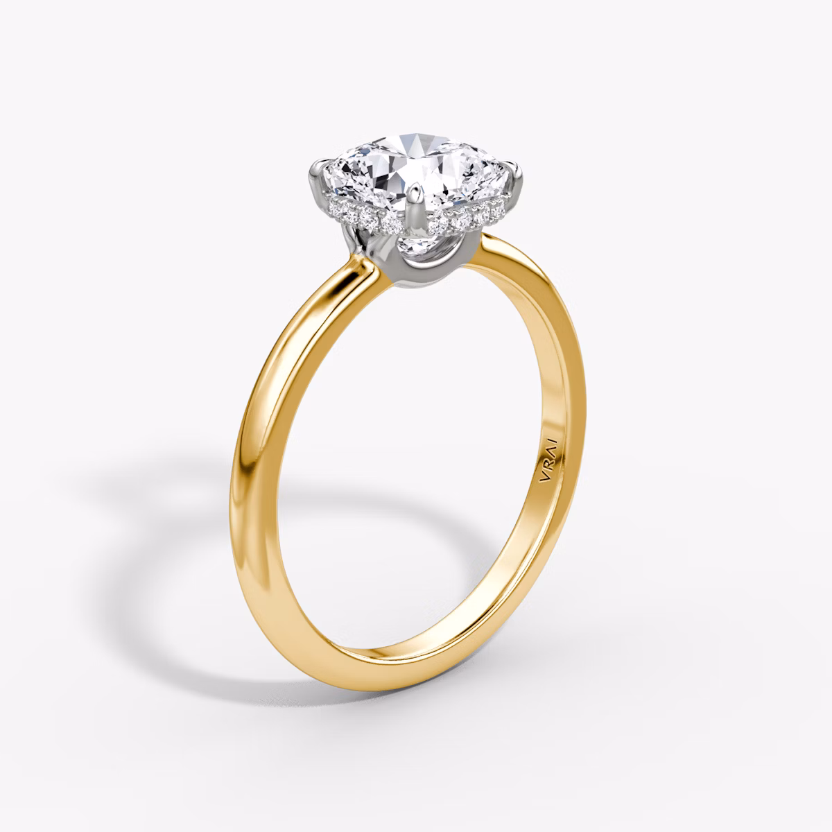 The Signature | Cushion | 18k | Yellow Gold and Platinum | bandAccent: Plain | bandWidth: large | hiddenHalo: yes | diamondOrientation: vertical | caratWeight: other