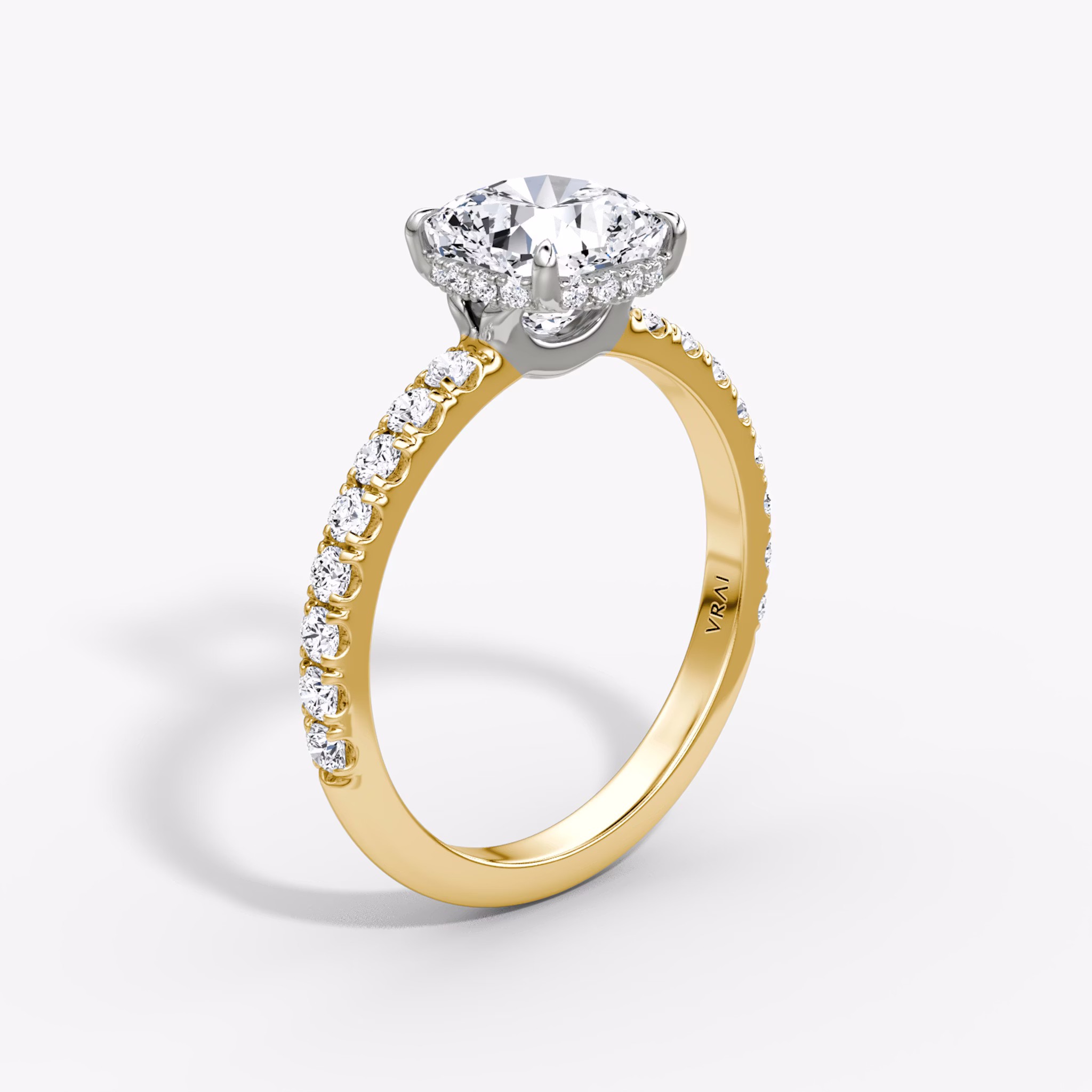 The Signature | Cushion | 18k | Yellow Gold and Platinum | bandAccent: Pavé | bandWidth: large | hiddenHalo: yes | diamondOrientation: vertical | caratWeight: other