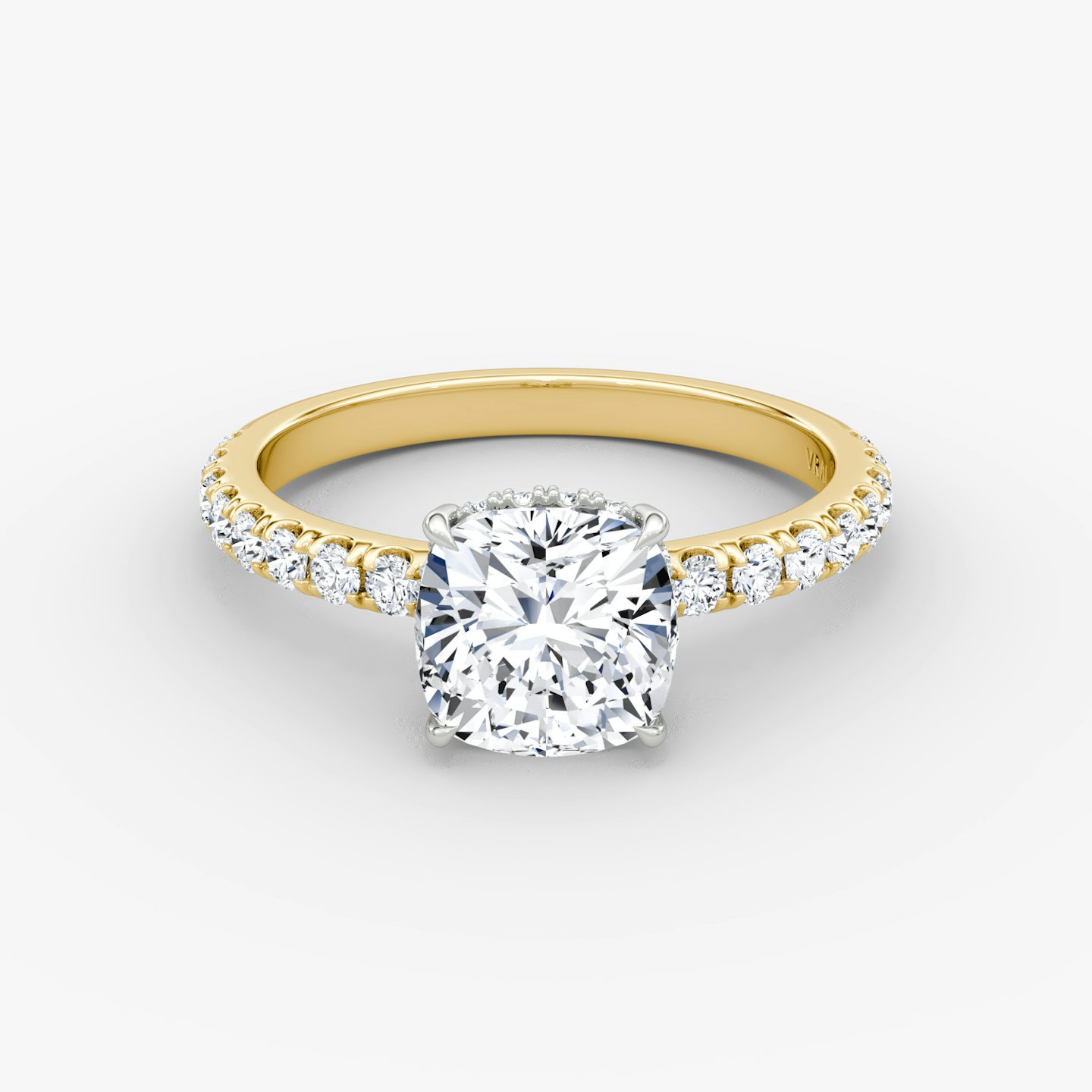 The Signature | Cushion | 18k | Yellow Gold and Platinum | bandAccent: Pavé | bandWidth: large | hiddenHalo: yes | diamondOrientation: vertical | caratWeight: other