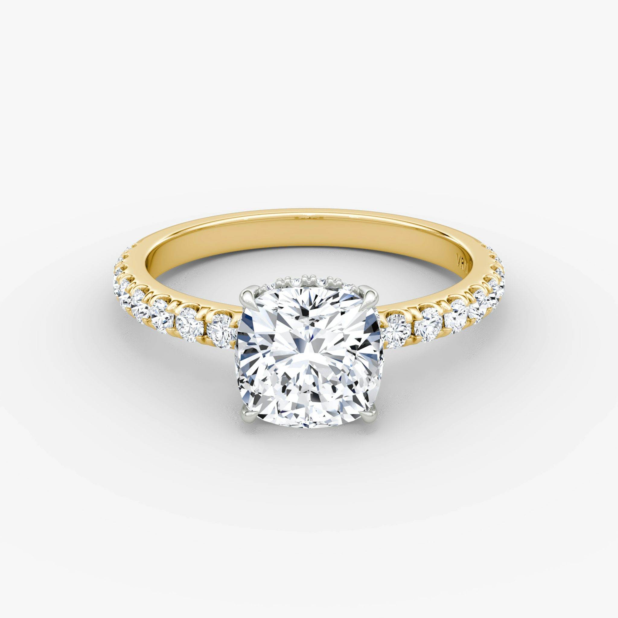 The Signature | Cushion | 18k | Yellow Gold and Platinum | bandAccent: Pavé | bandWidth: large | hiddenHalo: yes | diamondOrientation: vertical | caratWeight: other