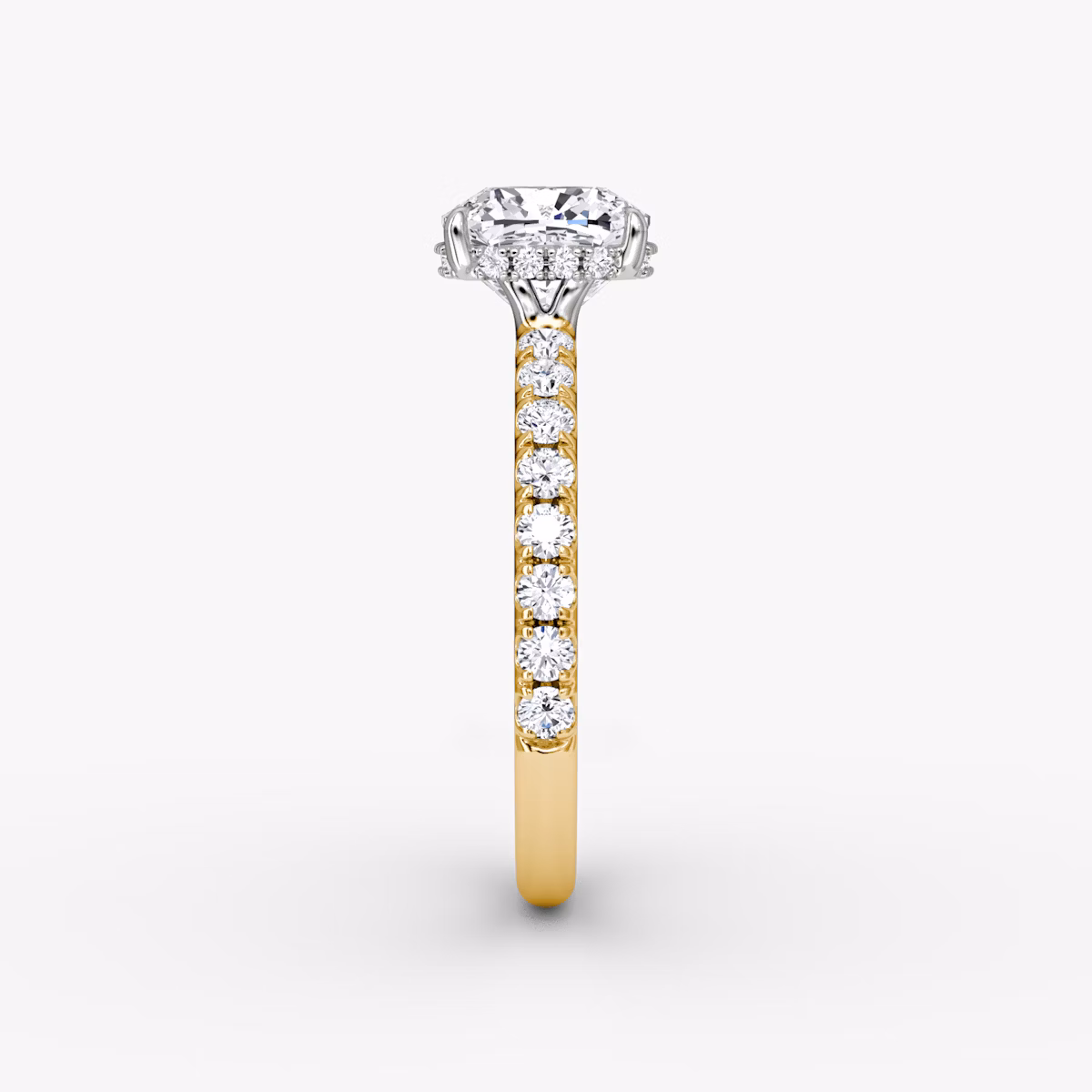 The Signature | Cushion | 18k | Yellow Gold and Platinum | bandAccent: Pavé | bandWidth: large | hiddenHalo: yes | diamondOrientation: vertical | caratWeight: other