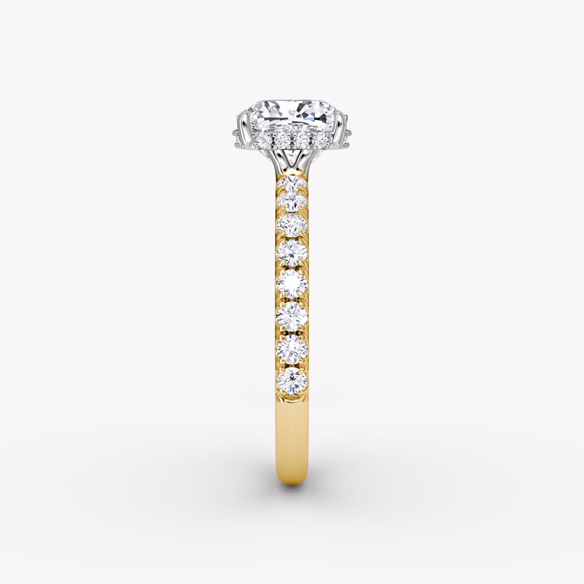 The Signature | Cushion | 18k | Yellow Gold and Platinum | bandAccent: Pavé | bandWidth: large | hiddenHalo: yes | diamondOrientation: vertical | caratWeight: other