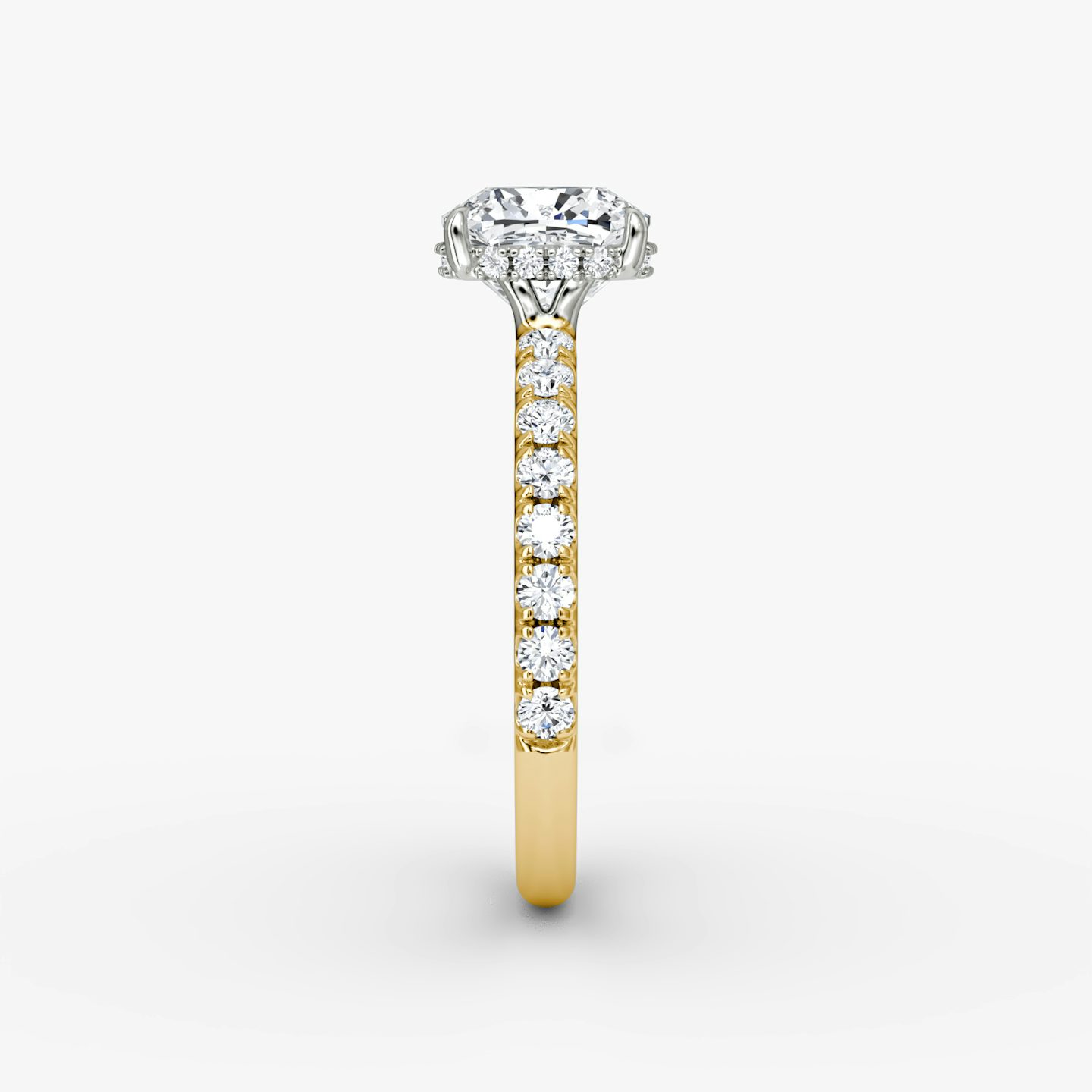 The Signature | Cushion | 18k | Yellow Gold and Platinum | bandAccent: Pavé | bandWidth: large | hiddenHalo: yes | diamondOrientation: vertical | caratWeight: other