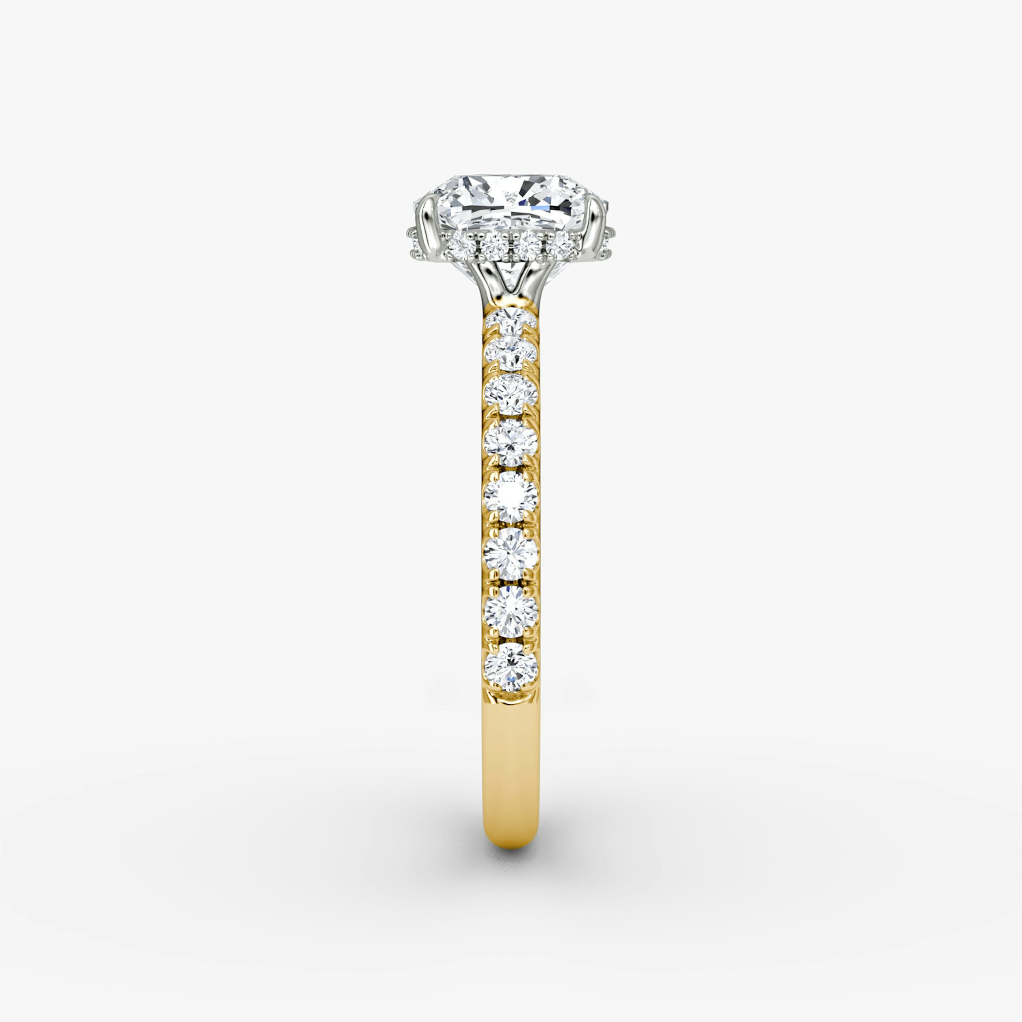 The Signature | Cushion | 18k | Yellow Gold and Platinum | bandAccent: Pavé | bandWidth: large | hiddenHalo: yes | diamondOrientation: vertical | caratWeight: other