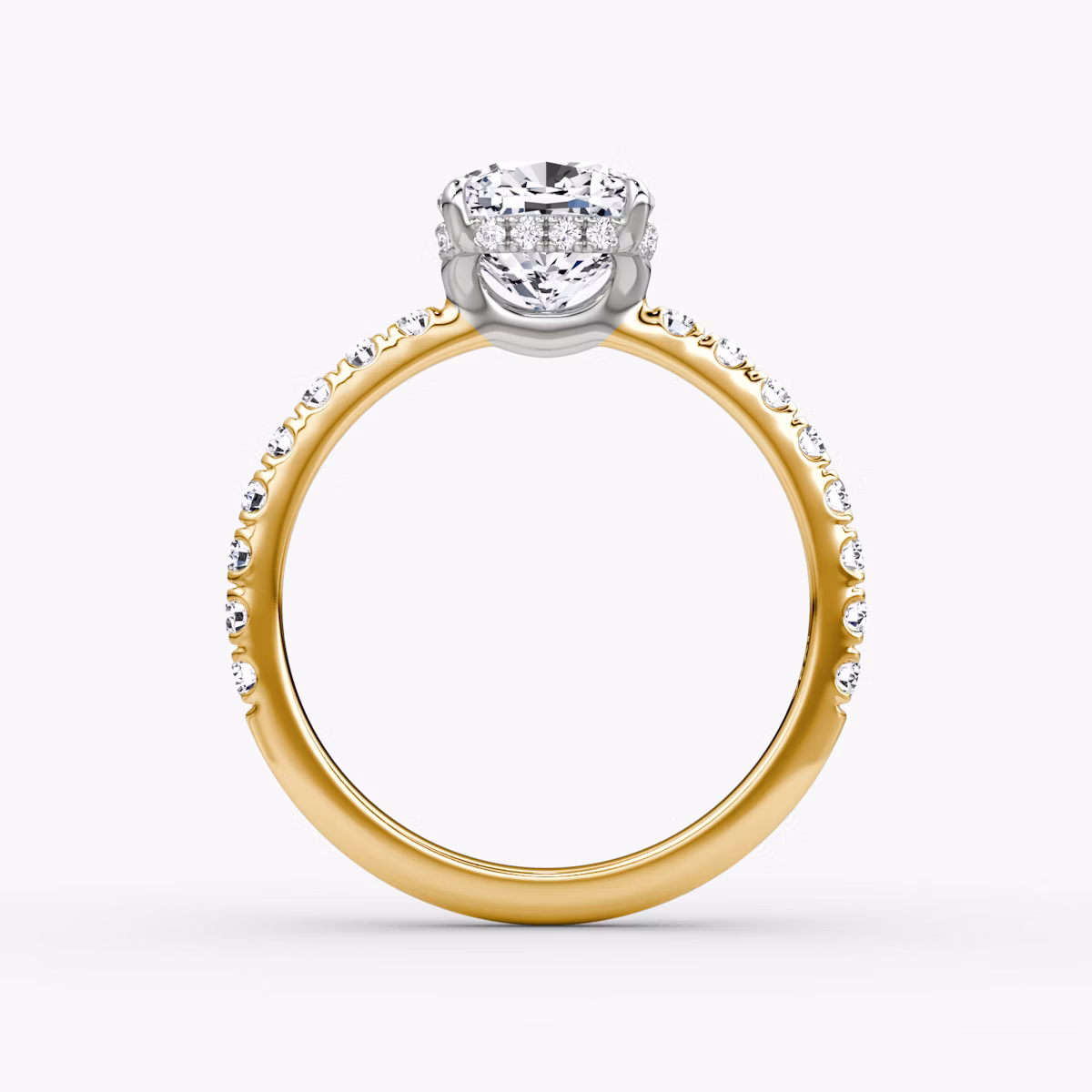 The Signature | Cushion | 18k | Yellow Gold and Platinum | bandAccent: Pavé | bandWidth: large | hiddenHalo: yes | diamondOrientation: vertical | caratWeight: other