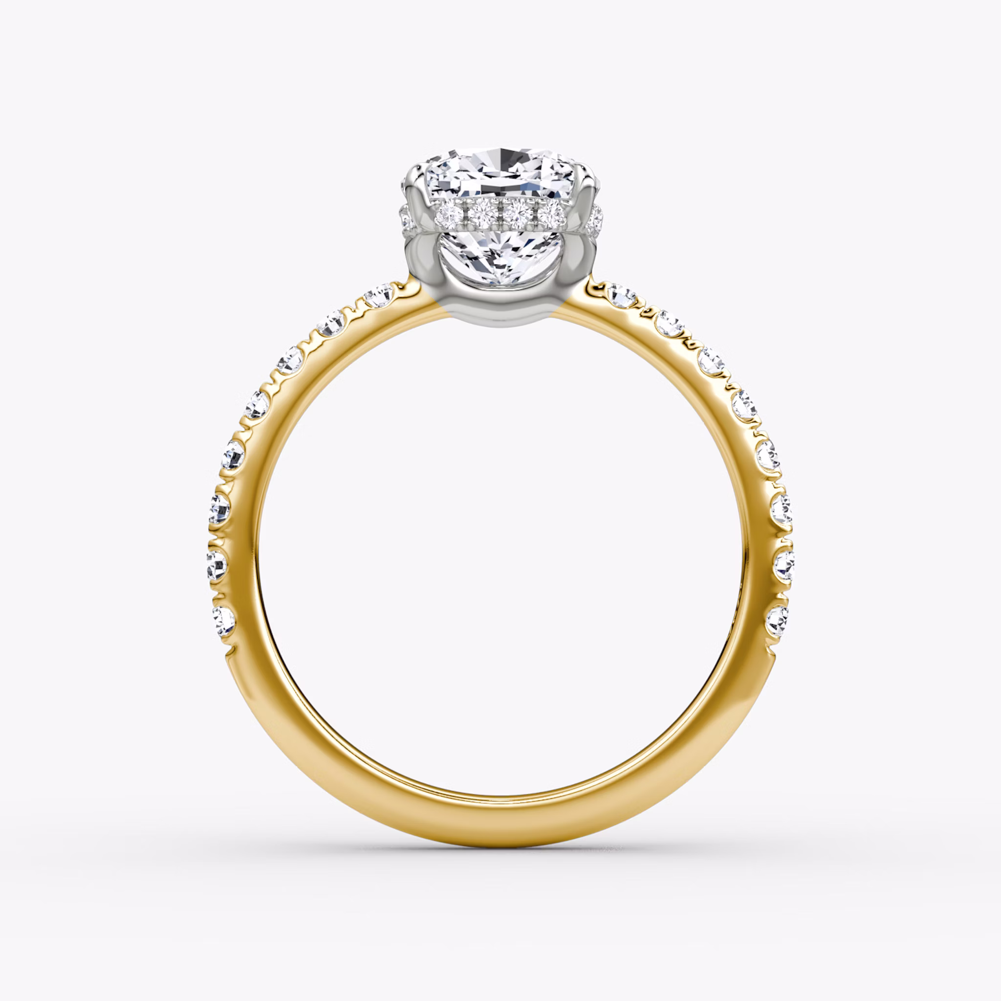 The Signature | Cushion | 18k | Yellow Gold and Platinum | bandAccent: Pavé | bandWidth: large | hiddenHalo: yes | diamondOrientation: vertical | caratWeight: other