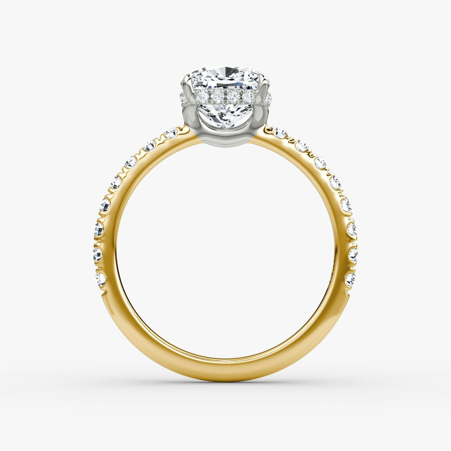 The Signature | Cushion | 18k | Yellow Gold and Platinum | bandAccent: Pavé | bandWidth: large | hiddenHalo: yes | diamondOrientation: vertical | caratWeight: other