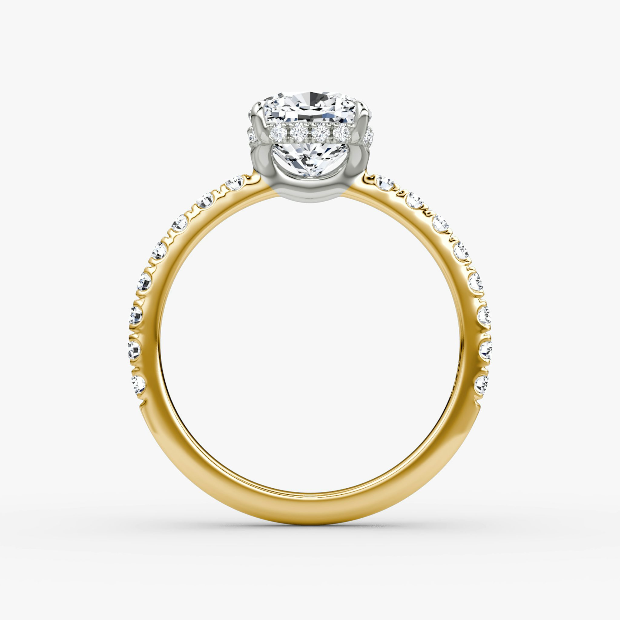 The Signature | Cushion | 18k | Yellow Gold and Platinum | bandAccent: Pavé | bandWidth: large | hiddenHalo: yes | diamondOrientation: vertical | caratWeight: other