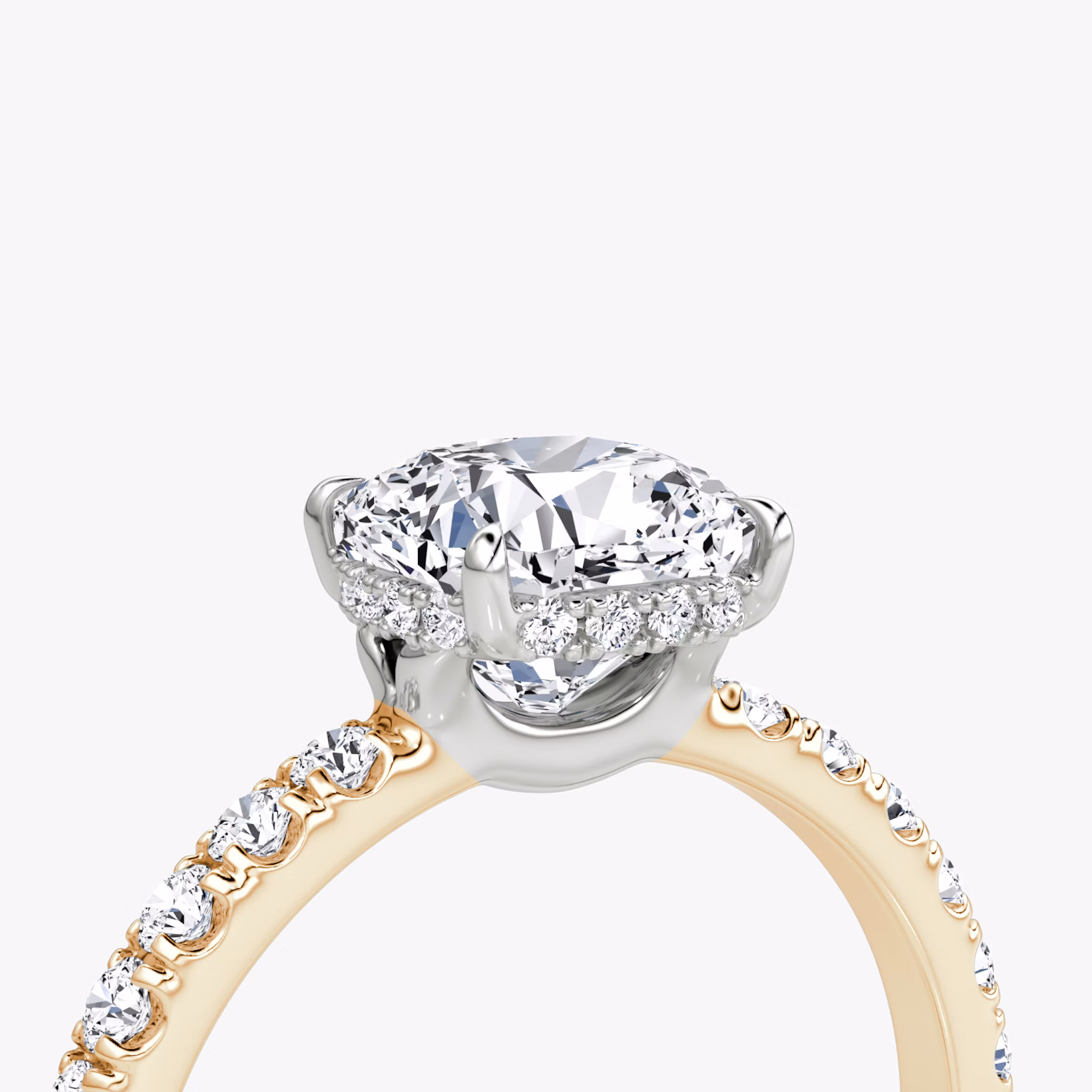 The Signature | Cushion | 14k | Rose Gold and Platinum | bandAccent: Pavé | bandWidth: large | hiddenHalo: yes | diamondOrientation: vertical | caratWeight: other