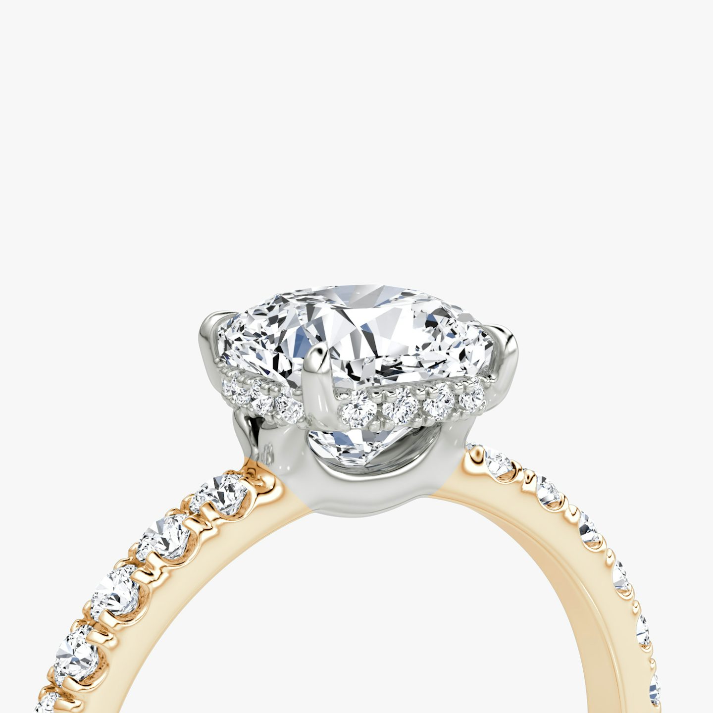 The Signature | Cushion | 14k | Rose Gold and Platinum | bandAccent: Pavé | bandWidth: large | hiddenHalo: yes | diamondOrientation: vertical | caratWeight: other