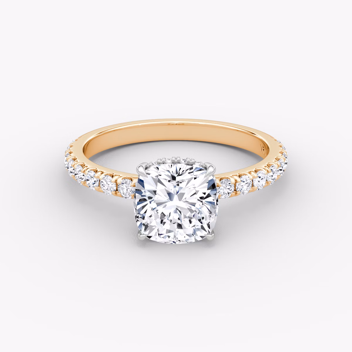 The Signature | Cushion | 14k | Rose Gold and Platinum | bandAccent: Pavé | bandWidth: large | hiddenHalo: yes | diamondOrientation: vertical | caratWeight: other