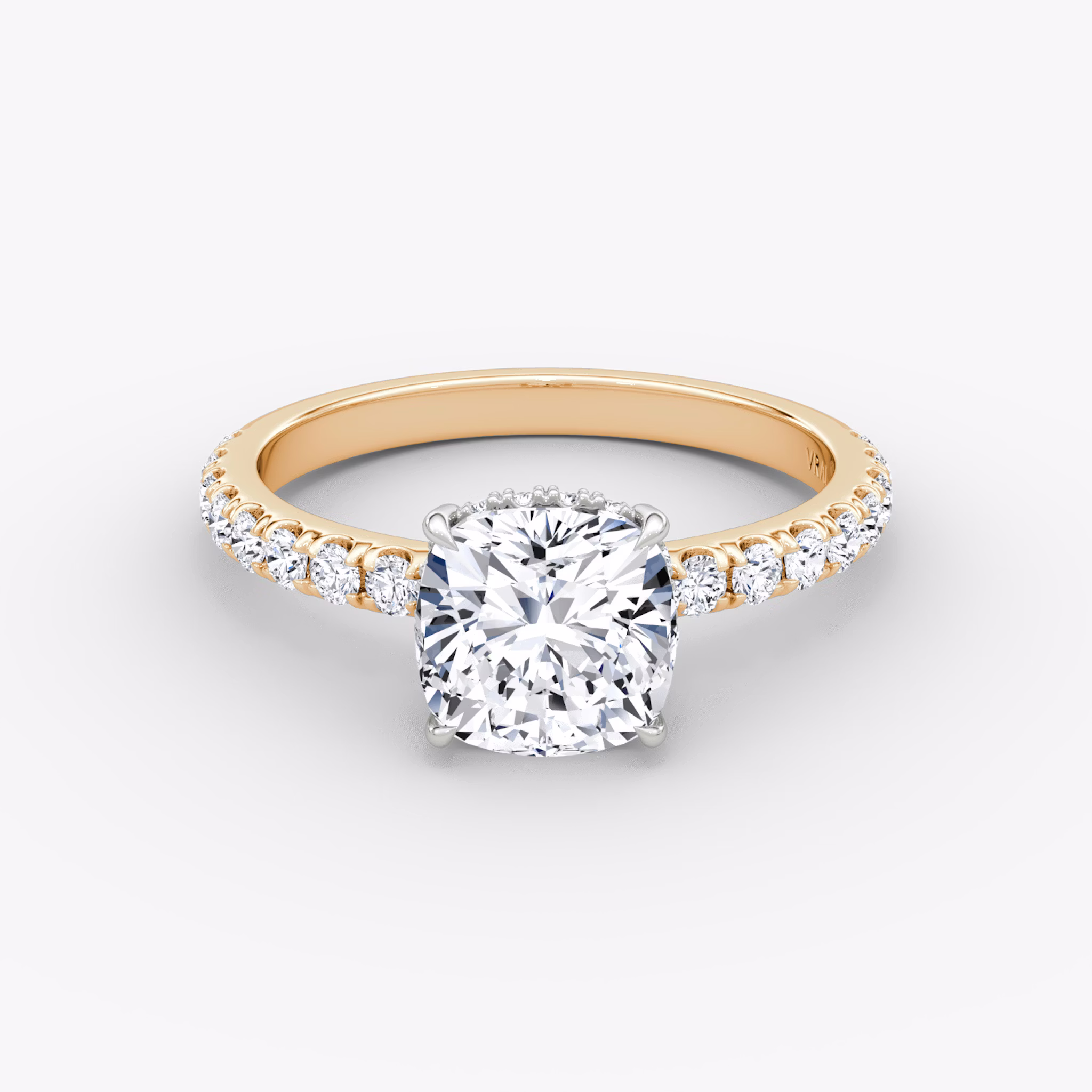 The Signature | Cushion | 14k | Rose Gold and Platinum | bandAccent: Pavé | bandWidth: large | hiddenHalo: yes | diamondOrientation: vertical | caratWeight: other