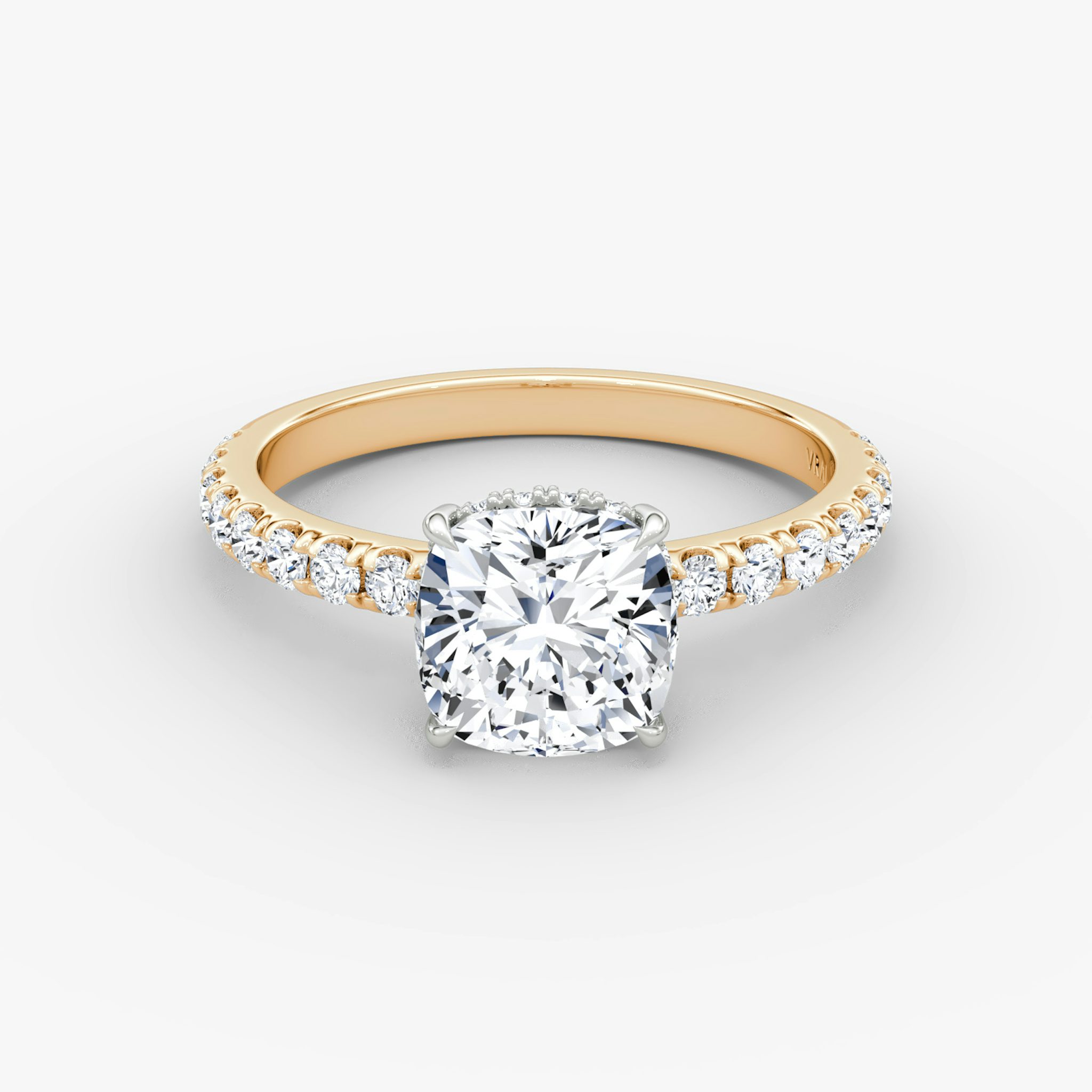 The Signature | Cushion | 14k | Rose Gold and Platinum | bandAccent: Pavé | bandWidth: large | hiddenHalo: yes | diamondOrientation: vertical | caratWeight: other