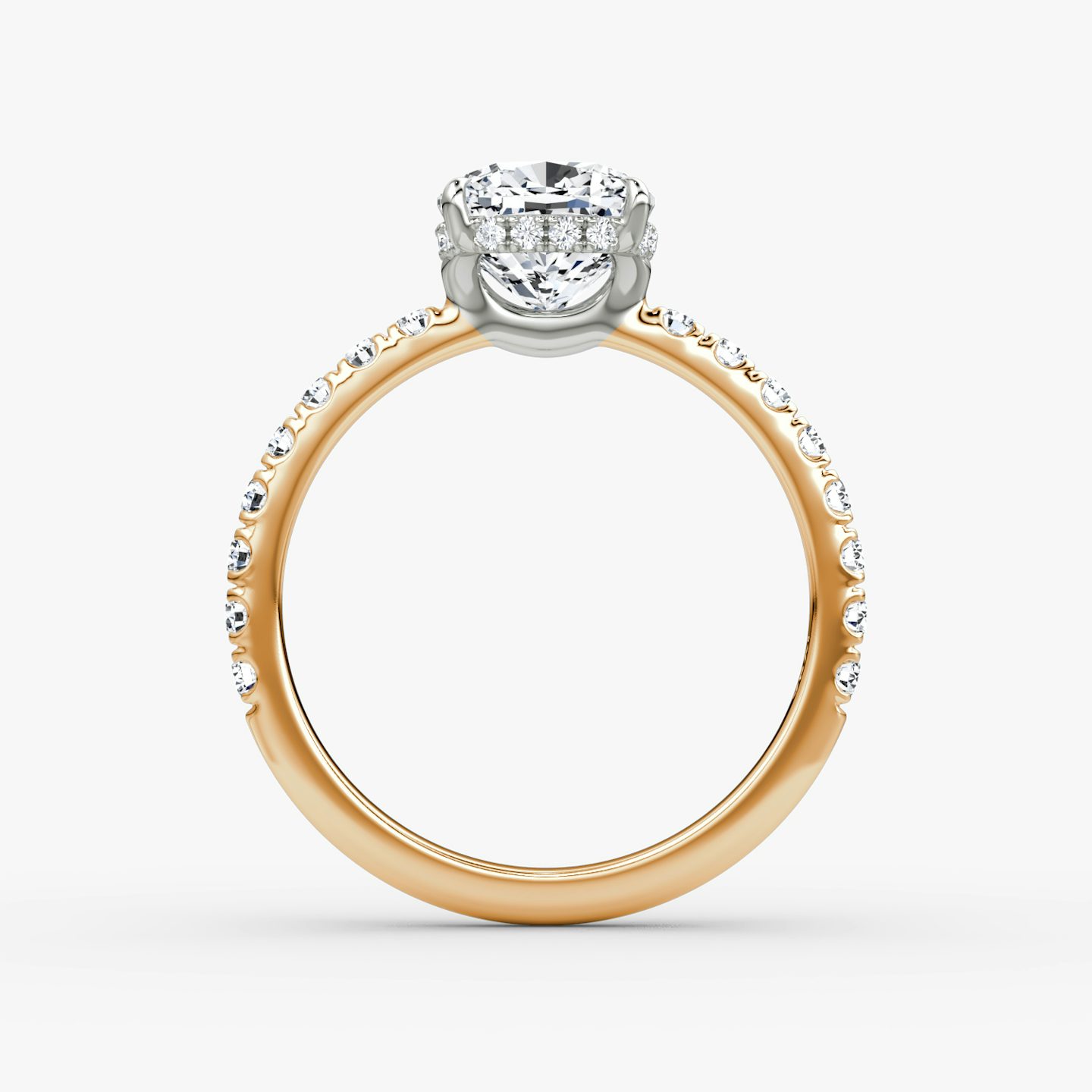 The Signature | Cushion | 14k | Rose Gold and Platinum | bandAccent: Pavé | bandWidth: large | hiddenHalo: yes | diamondOrientation: vertical | caratWeight: other