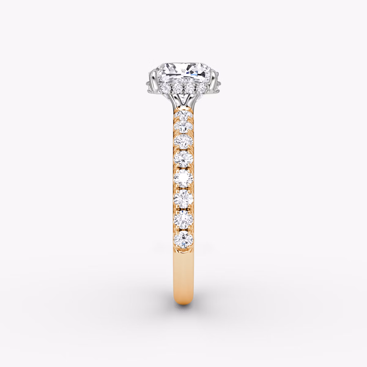 The Signature | Cushion | 14k | Rose Gold and Platinum | bandAccent: Pavé | bandWidth: large | hiddenHalo: yes | diamondOrientation: vertical | caratWeight: other