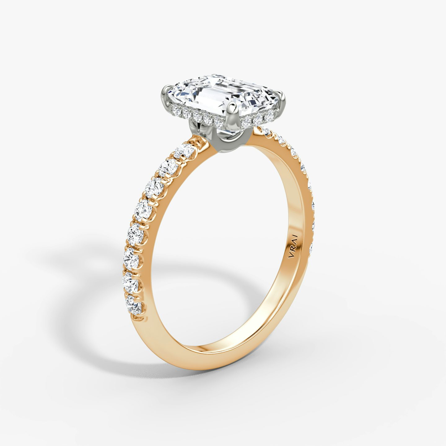 The Signature | Emerald | 14k | Rose Gold and Platinum | bandAccent: Pavé | bandWidth: large | hiddenHalo: yes | diamondOrientation: vertical | caratWeight: other