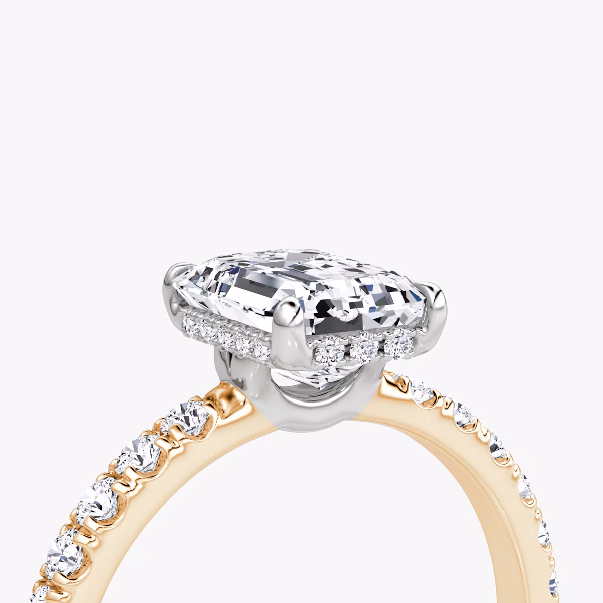 The Signature | Emerald | 14k | Rose Gold and Platinum | bandAccent: Pavé | bandWidth: large | hiddenHalo: yes | diamondOrientation: vertical | caratWeight: other