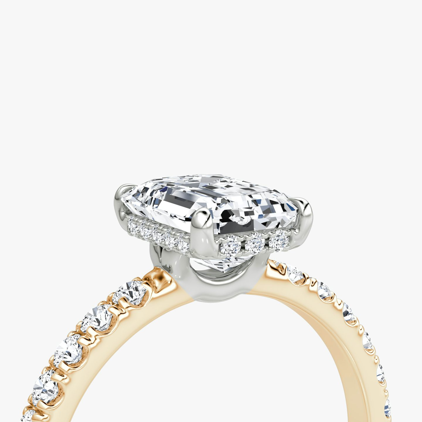 The Signature | Emerald | 14k | Rose Gold and Platinum | bandAccent: Pavé | bandWidth: large | hiddenHalo: yes | diamondOrientation: vertical | caratWeight: other