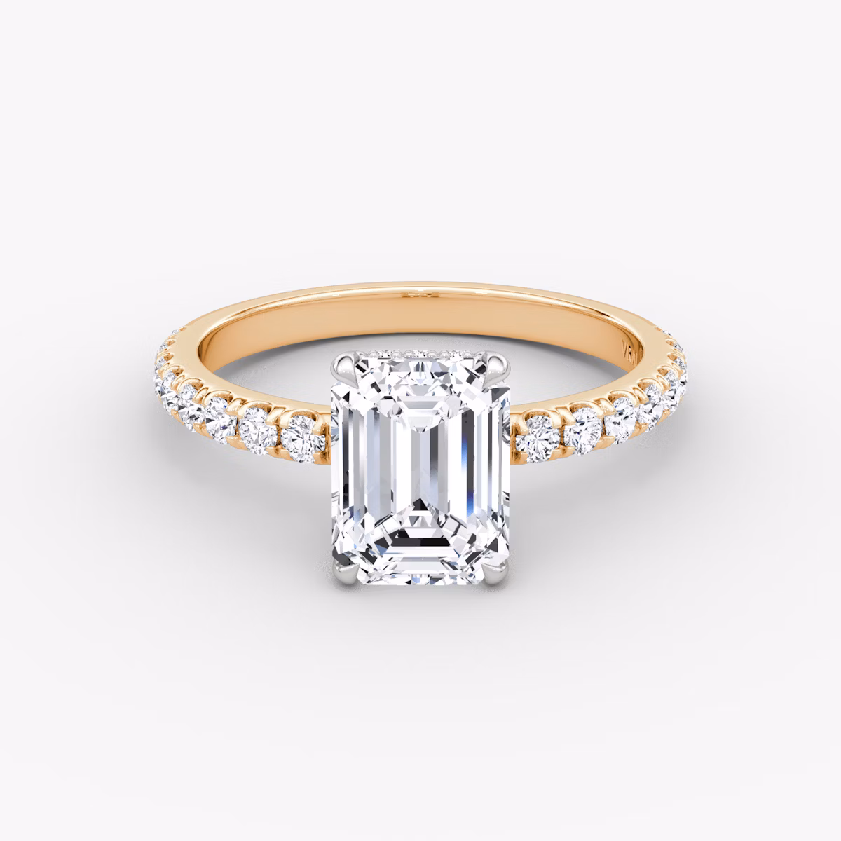 The Signature | Emerald | 14k | Rose Gold and Platinum | bandAccent: Pavé | bandWidth: large | hiddenHalo: yes | diamondOrientation: vertical | caratWeight: other