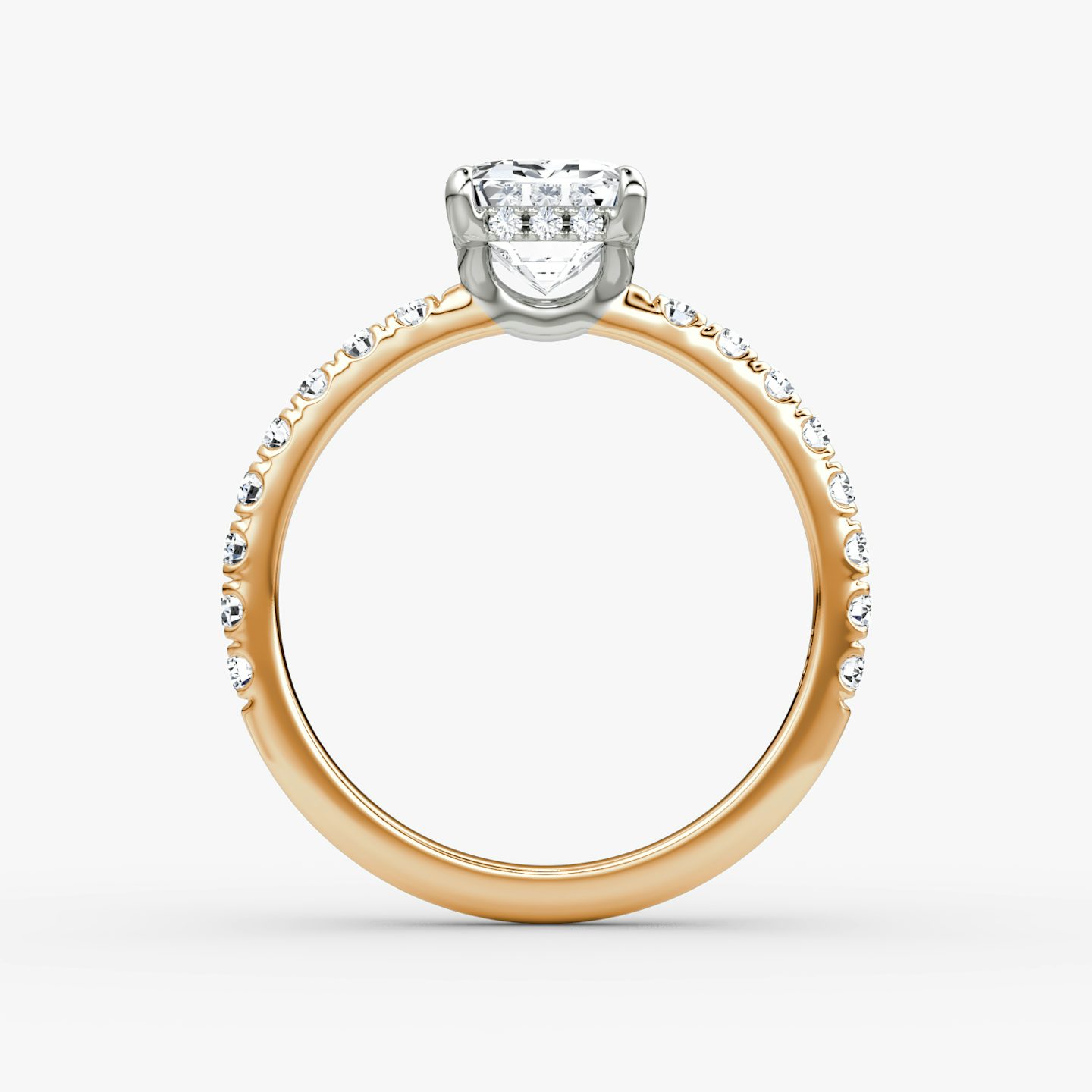 The Signature | Emerald | 14k | Rose Gold and Platinum | bandAccent: Pavé | bandWidth: large | hiddenHalo: yes | diamondOrientation: vertical | caratWeight: other