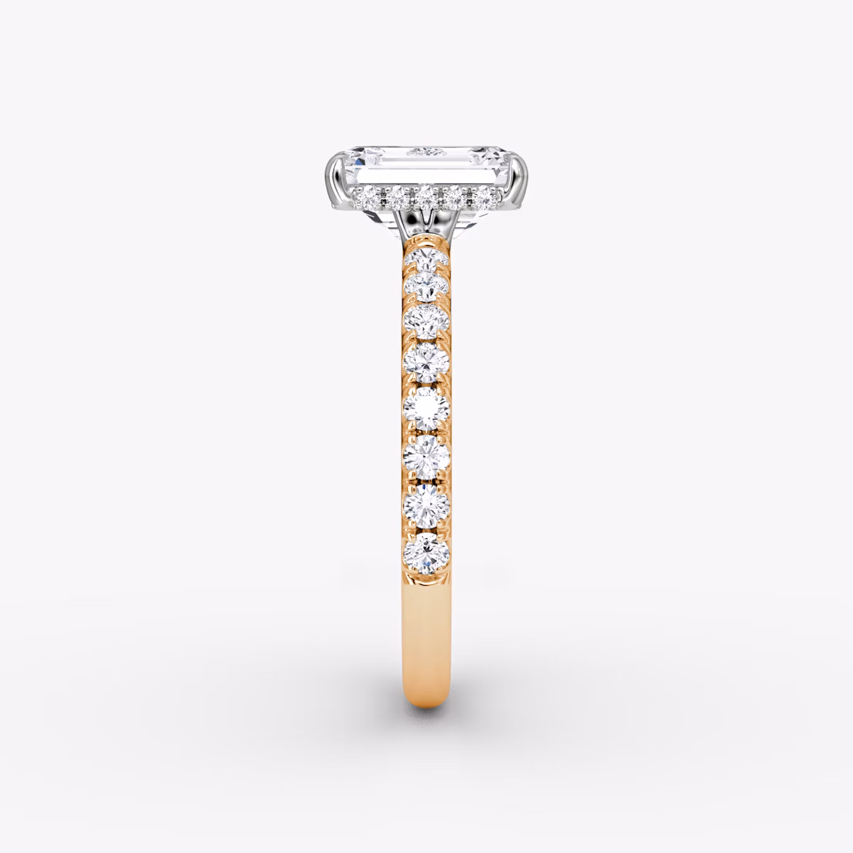 The Signature | Emerald | 14k | Rose Gold and Platinum | bandAccent: Pavé | bandWidth: large | hiddenHalo: yes | diamondOrientation: vertical | caratWeight: other