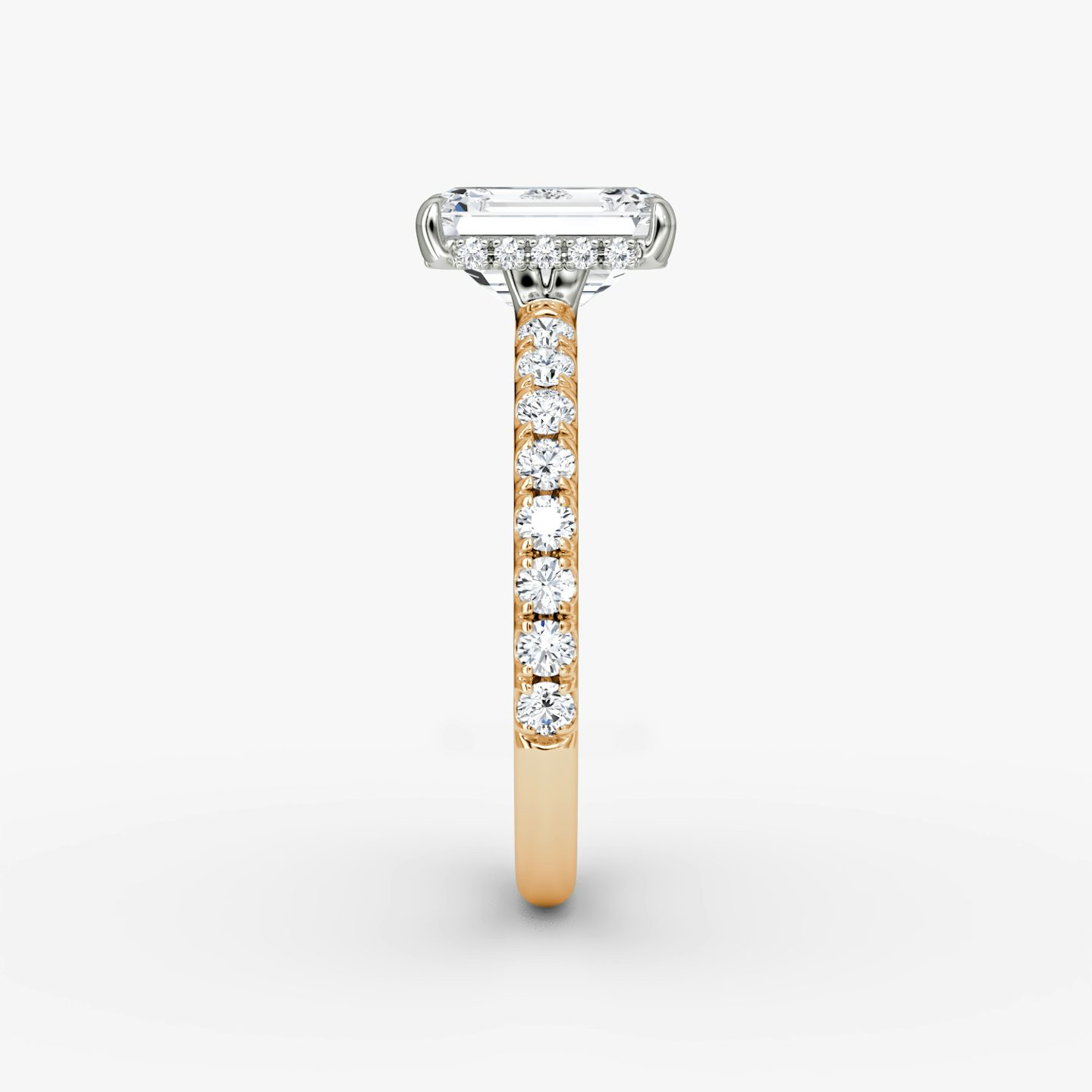 The Signature | Emerald | 14k | Rose Gold and Platinum | bandAccent: Pavé | bandWidth: large | hiddenHalo: yes | diamondOrientation: vertical | caratWeight: other