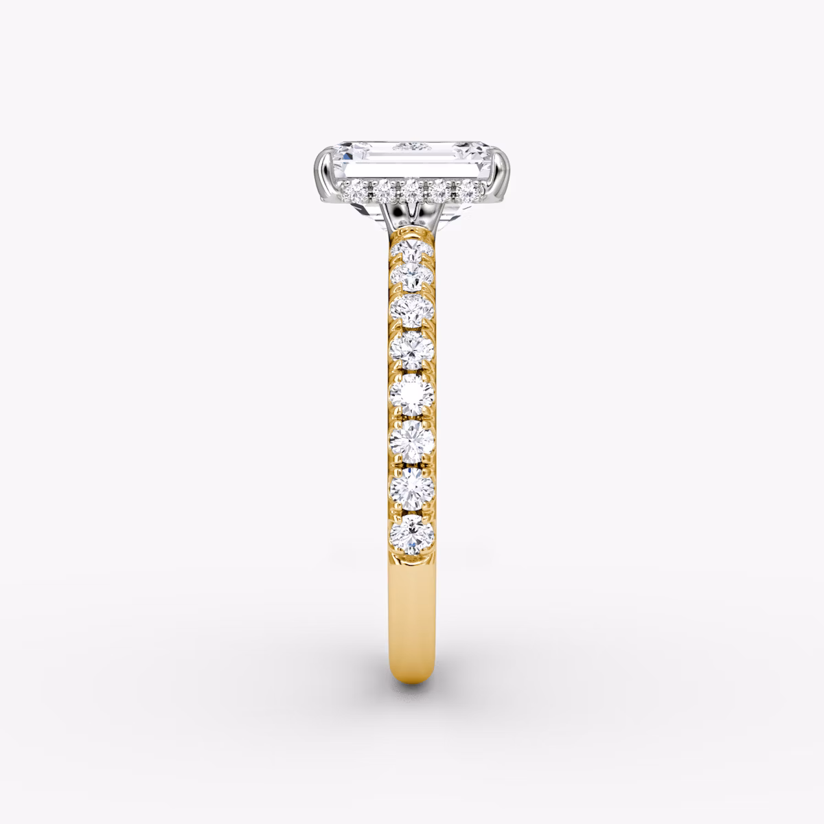 The Signature | Emerald | 18k | Yellow Gold and Platinum | bandAccent: Pavé | bandWidth: large | hiddenHalo: yes | diamondOrientation: vertical | caratWeight: other