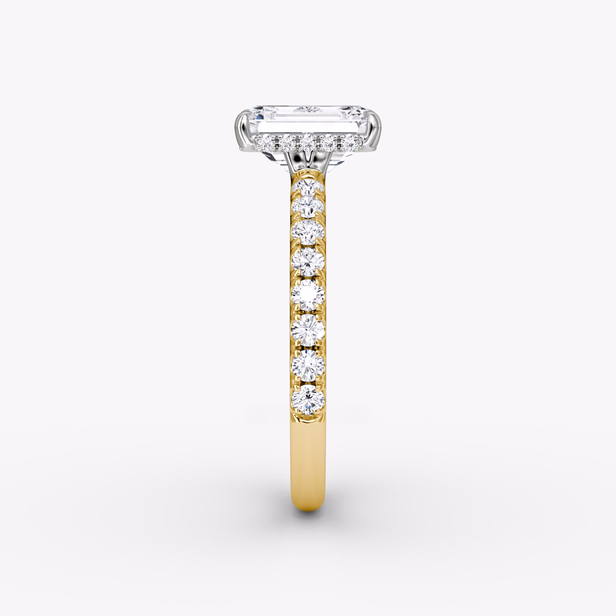 The Signature | Emerald | 18k | Yellow Gold and Platinum | bandAccent: Pavé | bandWidth: large | hiddenHalo: yes | diamondOrientation: vertical | caratWeight: other