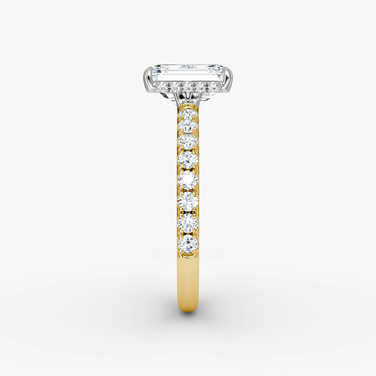 The Signature | Emerald | 18k | Yellow Gold and Platinum | bandAccent: Pavé | bandWidth: large | hiddenHalo: yes | diamondOrientation: vertical | caratWeight: other