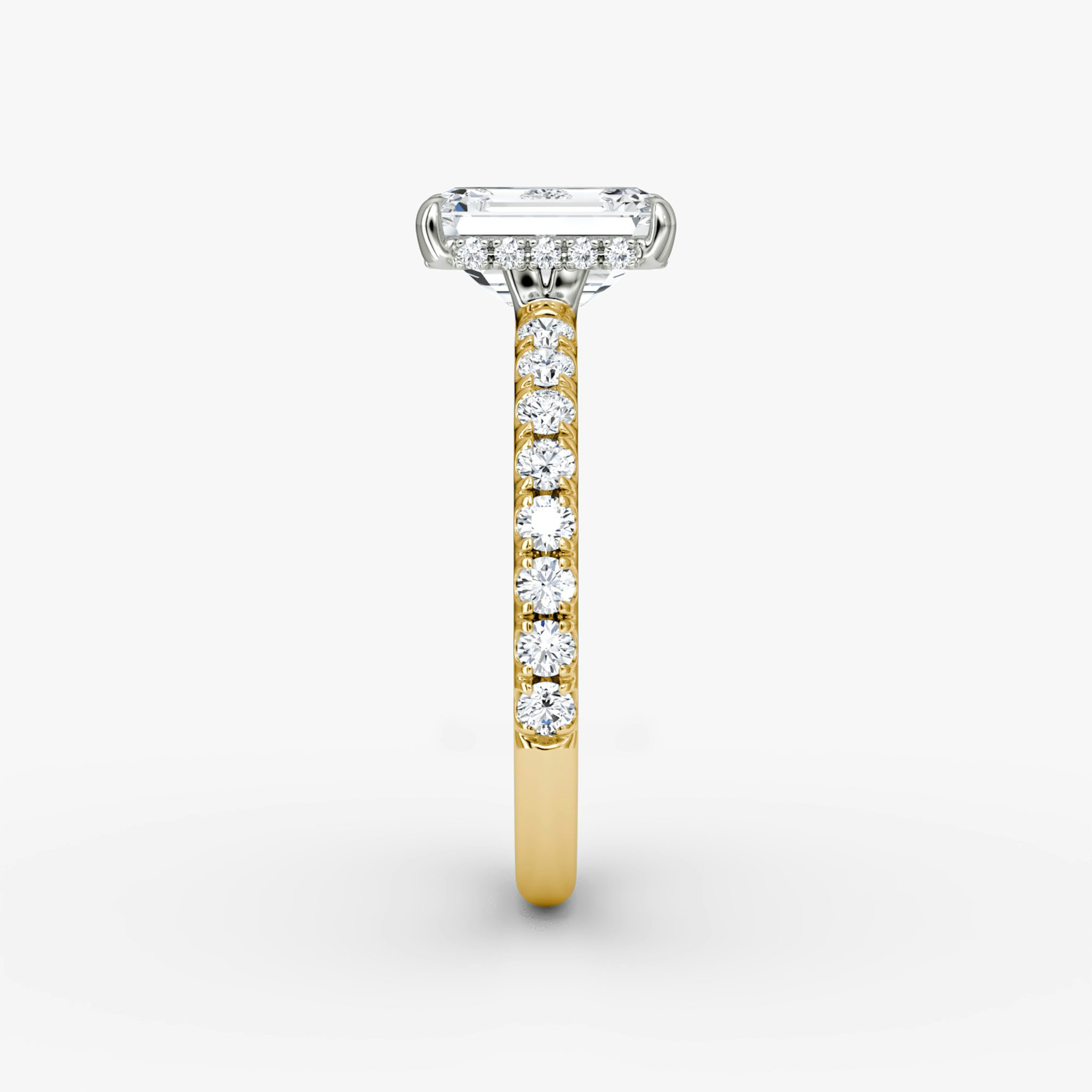The Signature | Emerald | 18k | Yellow Gold and Platinum | bandAccent: Pavé | bandWidth: large | hiddenHalo: yes | diamondOrientation: vertical | caratWeight: other