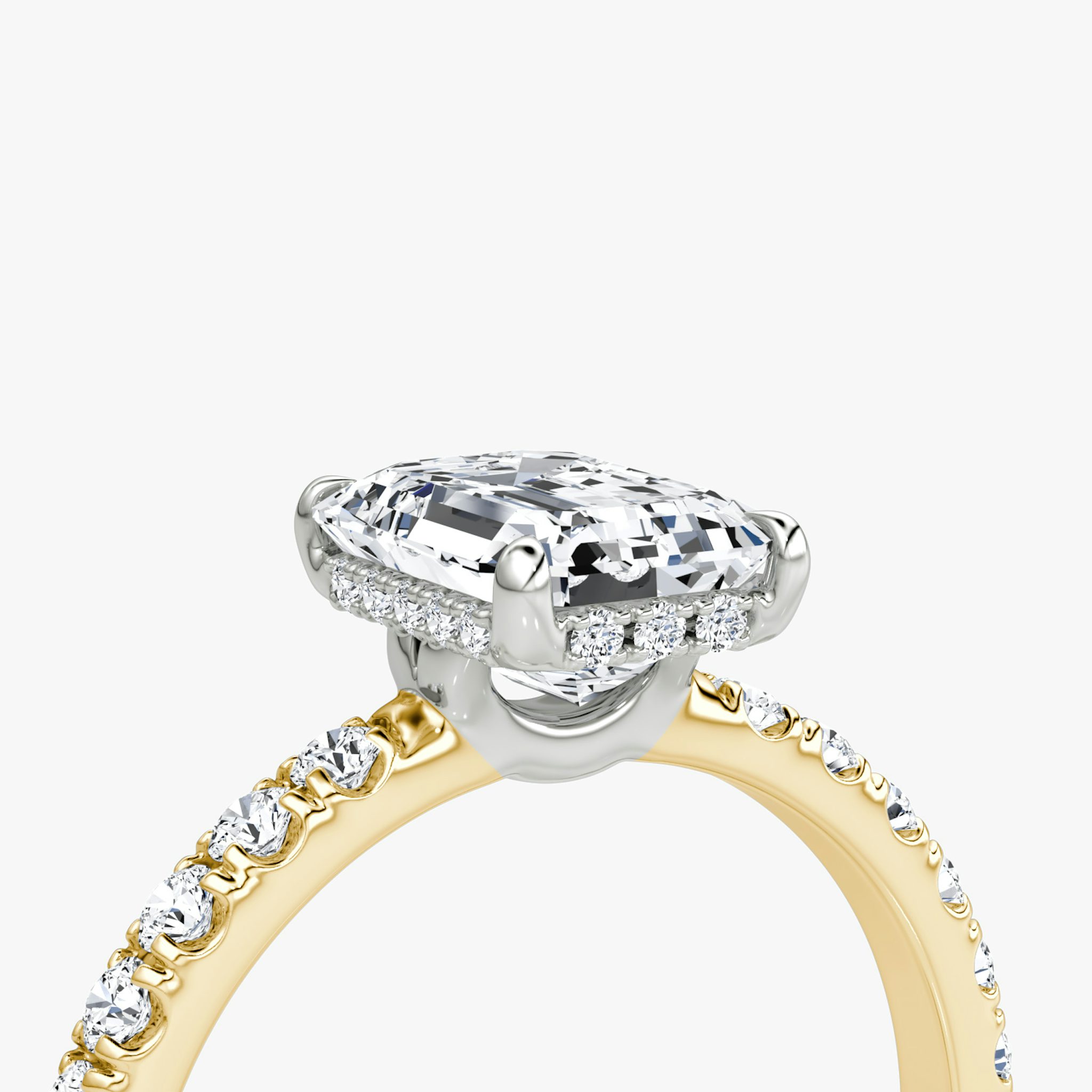 The Signature | Emerald | 18k | Yellow Gold and Platinum | bandAccent: Pavé | bandWidth: large | hiddenHalo: yes | diamondOrientation: vertical | caratWeight: other