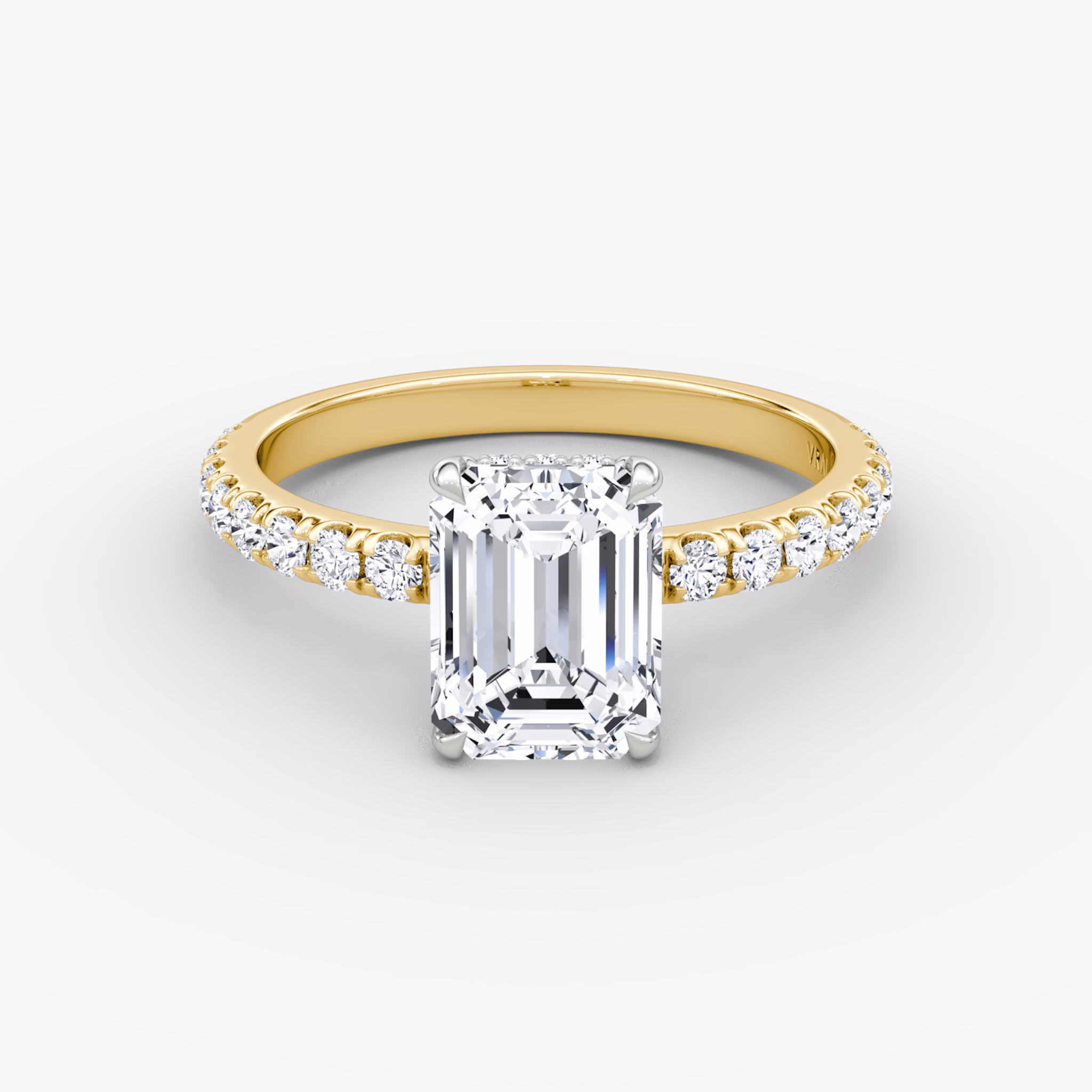 The Signature | Emerald | 18k | Yellow Gold and Platinum | bandAccent: Pavé | bandWidth: large | hiddenHalo: yes | diamondOrientation: vertical | caratWeight: other